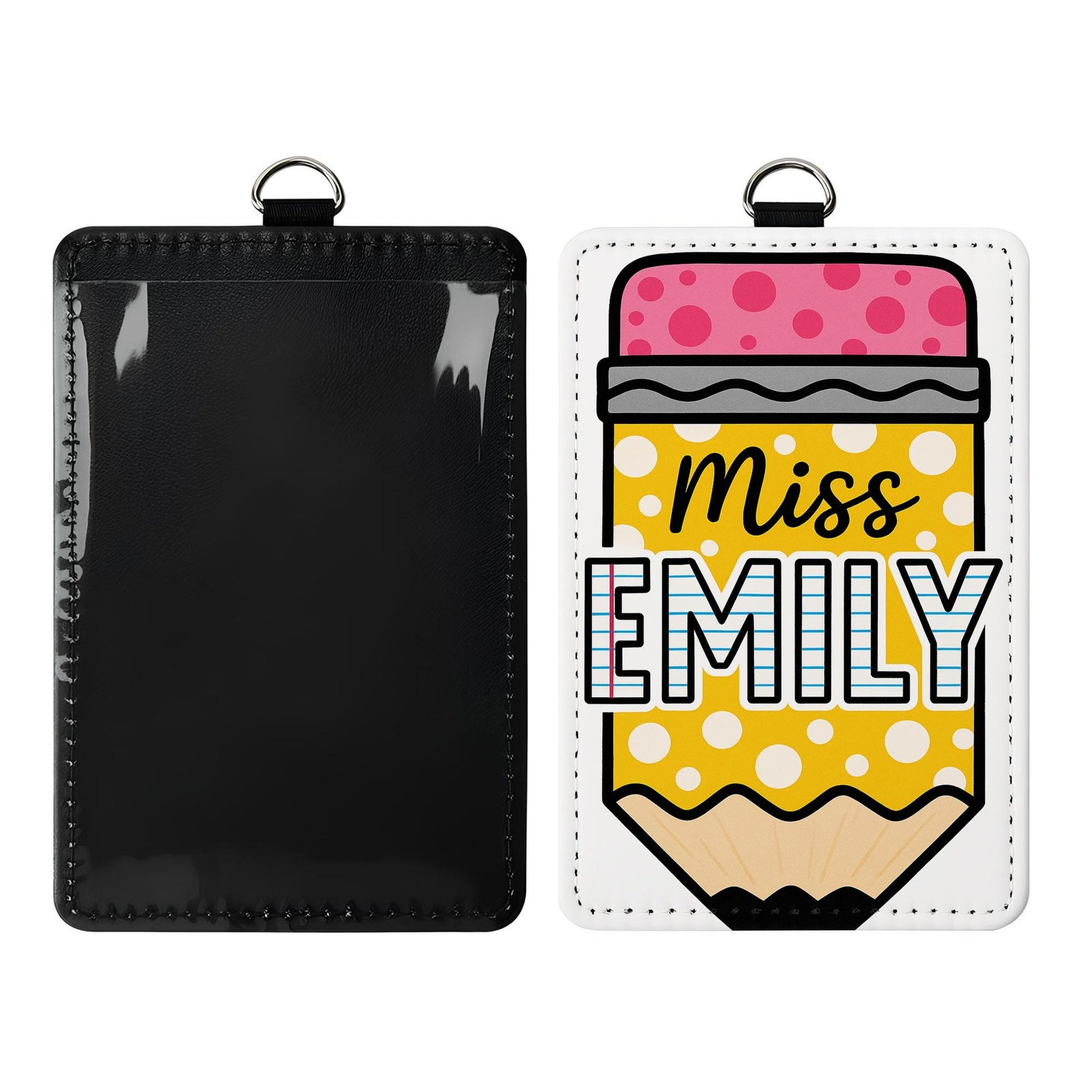 Pencil Teacher Badge Holder, Personalized Leather ID Tag, Custom Name Lanyard, Back to School Gift, Cute Classroom Accessory