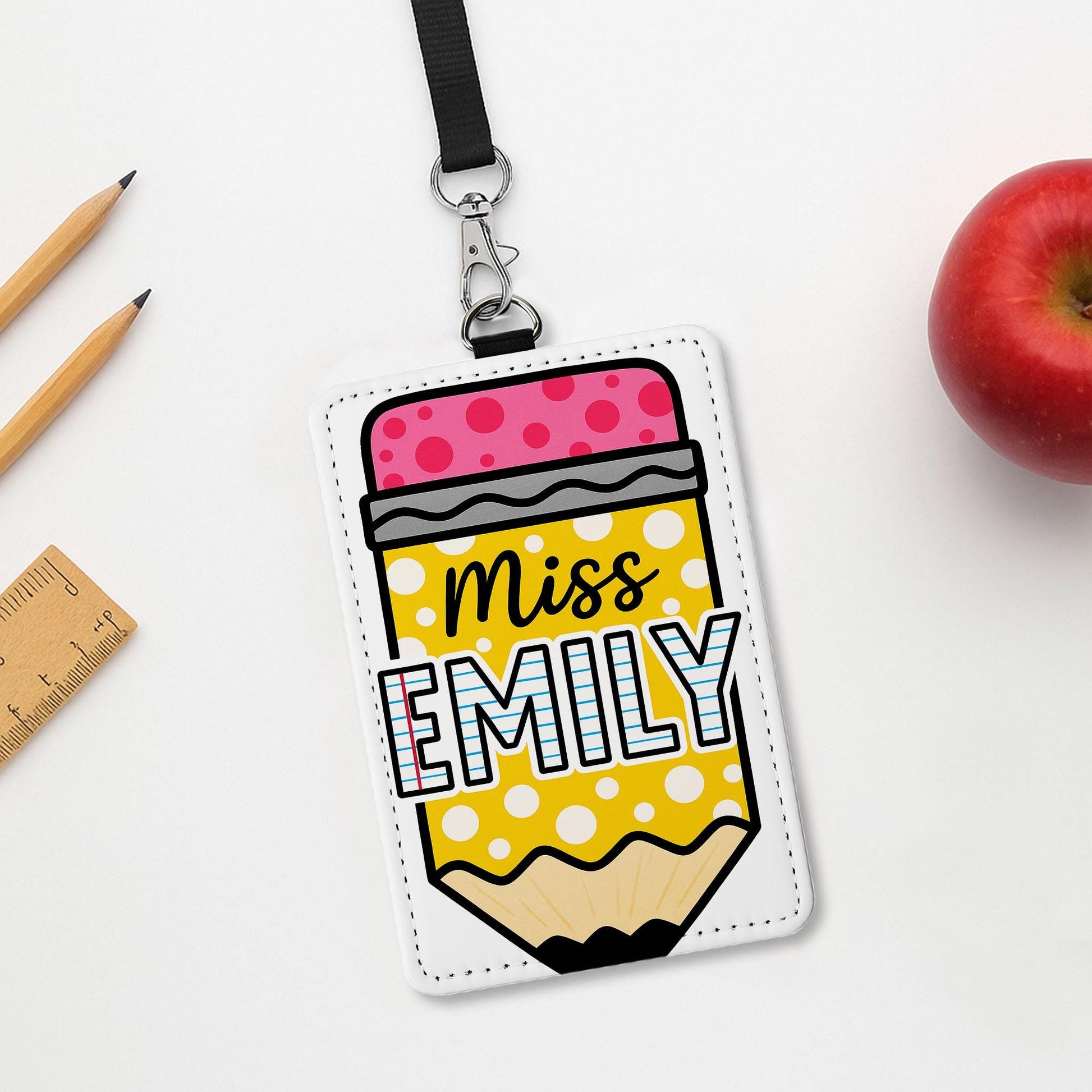 Pencil Teacher Badge Holder, Personalized Leather ID Tag, Custom Name Lanyard, Back to School Gift, Cute Classroom Accessory