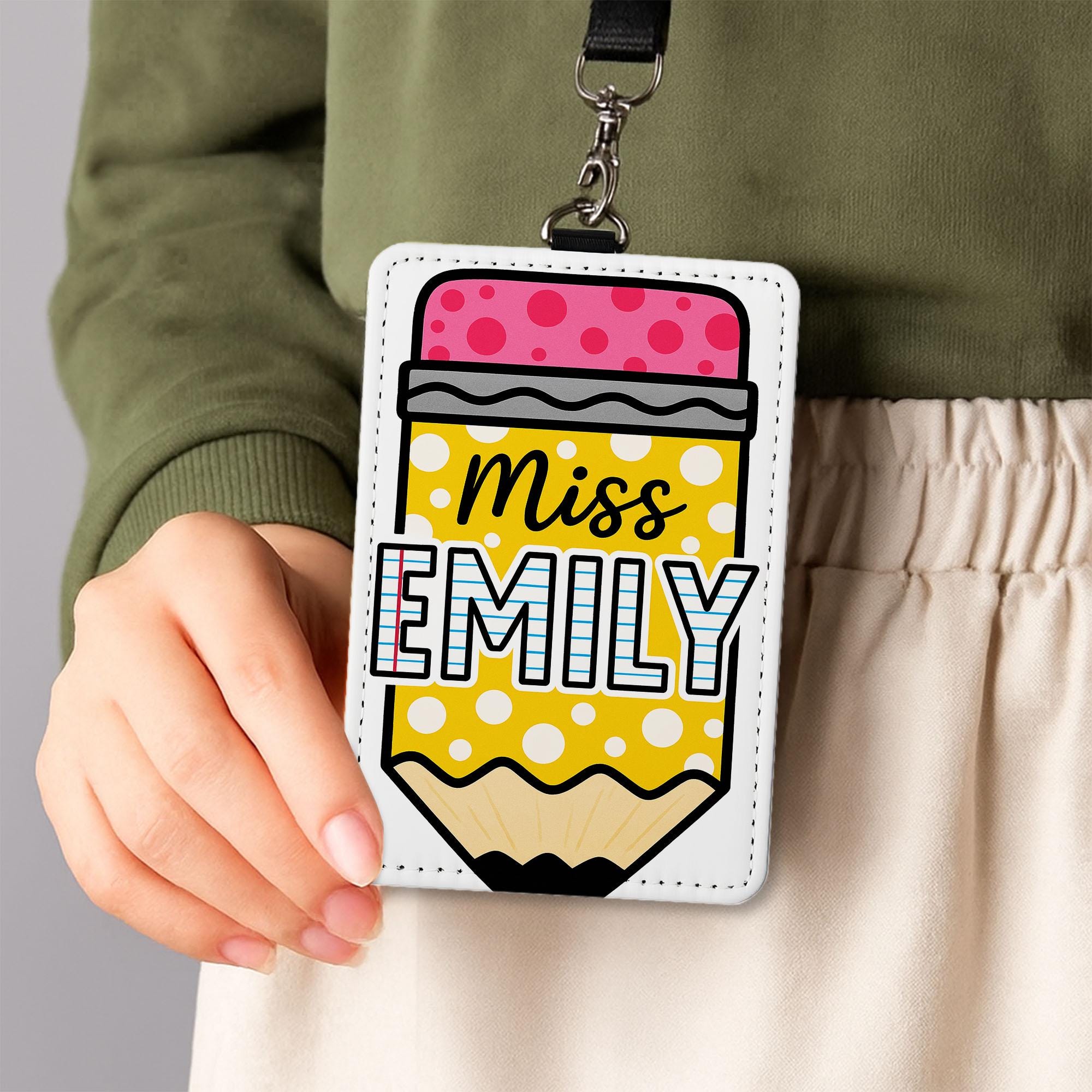 Pencil Teacher Badge Holder, Personalized Leather ID Tag, Custom Name Lanyard, Back to School Gift, Cute Classroom Accessory