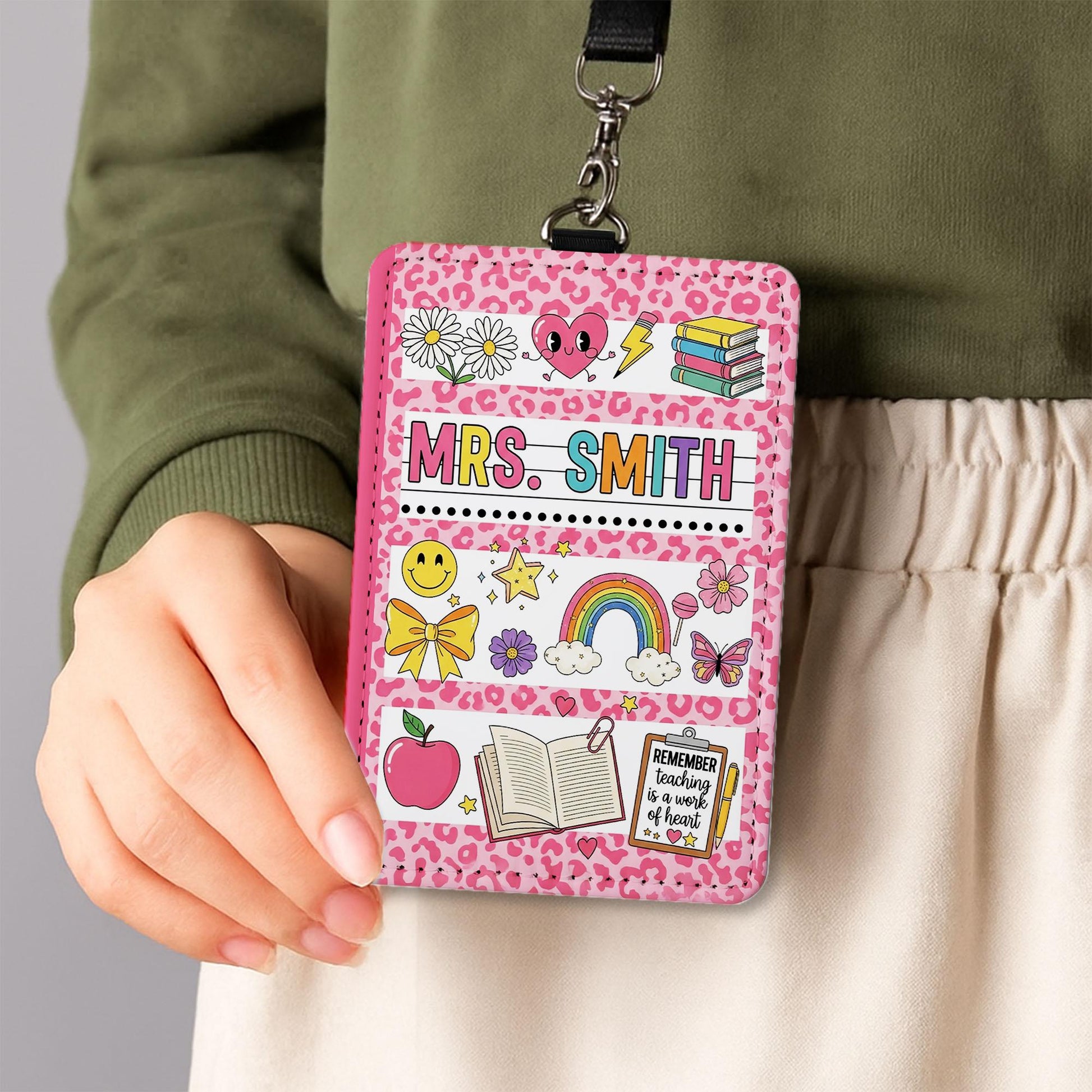 Pink Leopard Teacher Badge Holder, Personalized Leopard Print ID Tag, Cute Classroom Lanyard, Back to School Teacher Gift, Custom Name Tag
