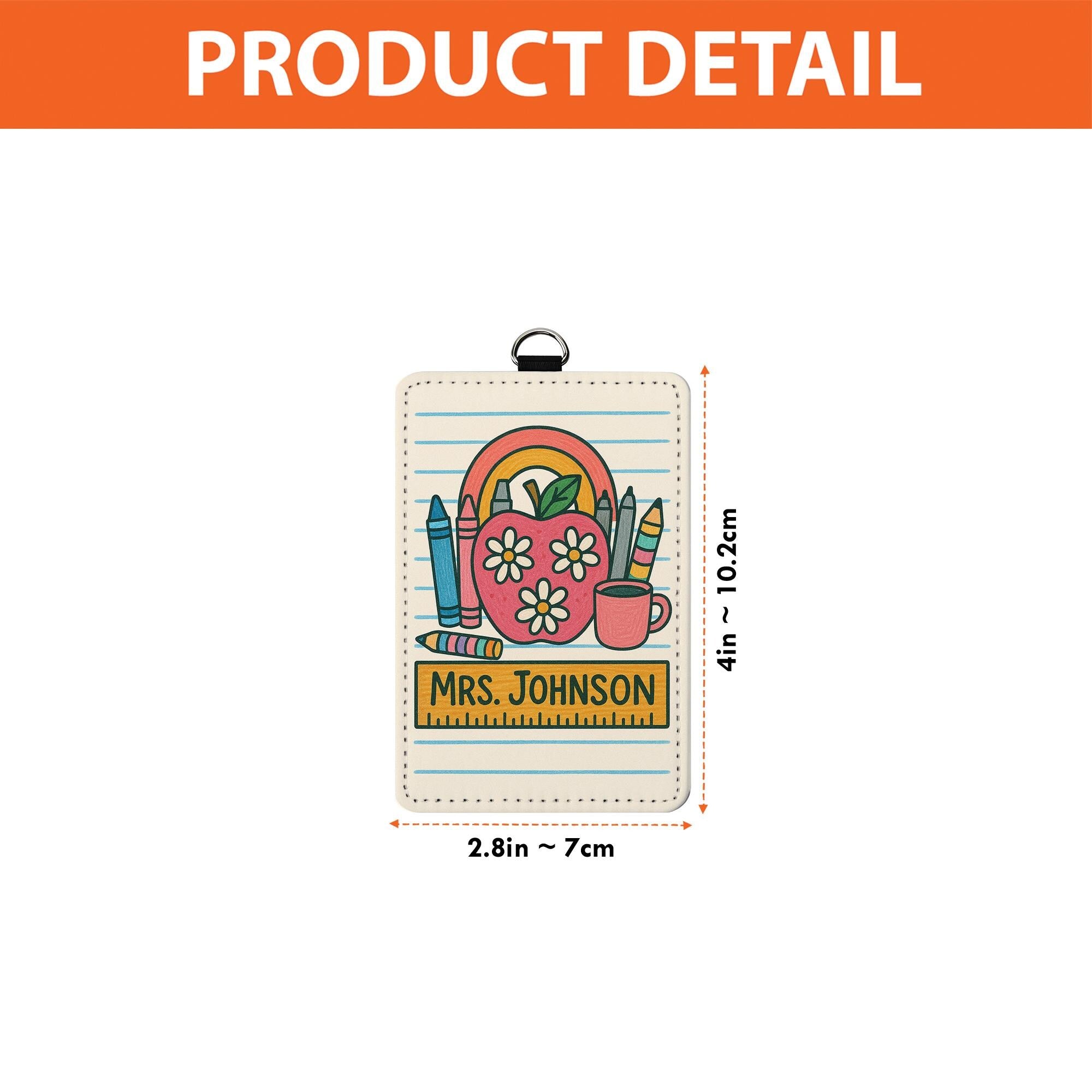 Teacher Badge Holder with Crayons and Apple, Personalized Leather ID Tag, Cute Classroom Lanyard, Back to School Gift for Educators