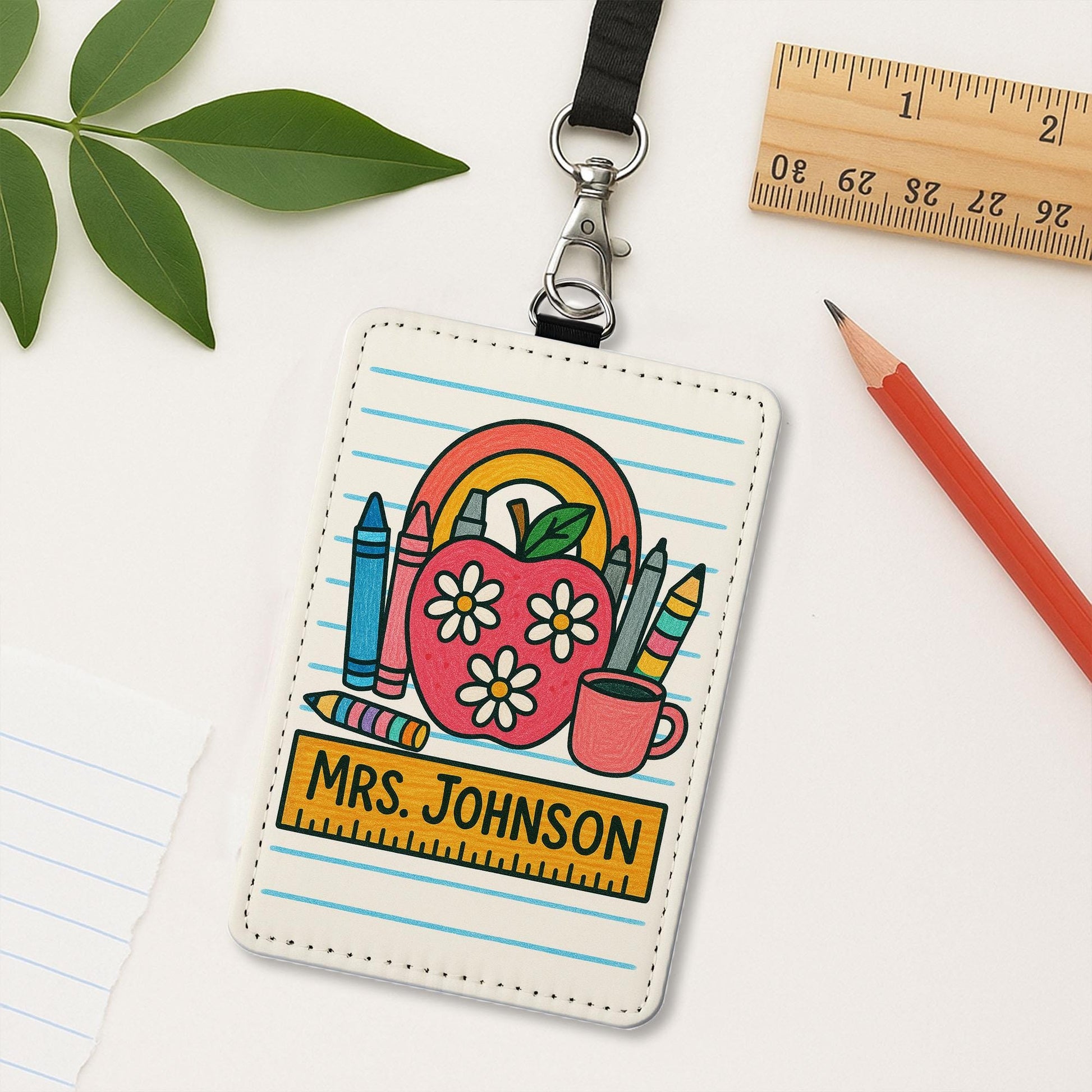 Teacher Badge Holder with Crayons and Apple, Personalized Leather ID Tag, Cute Classroom Lanyard, Back to School Gift for Educators