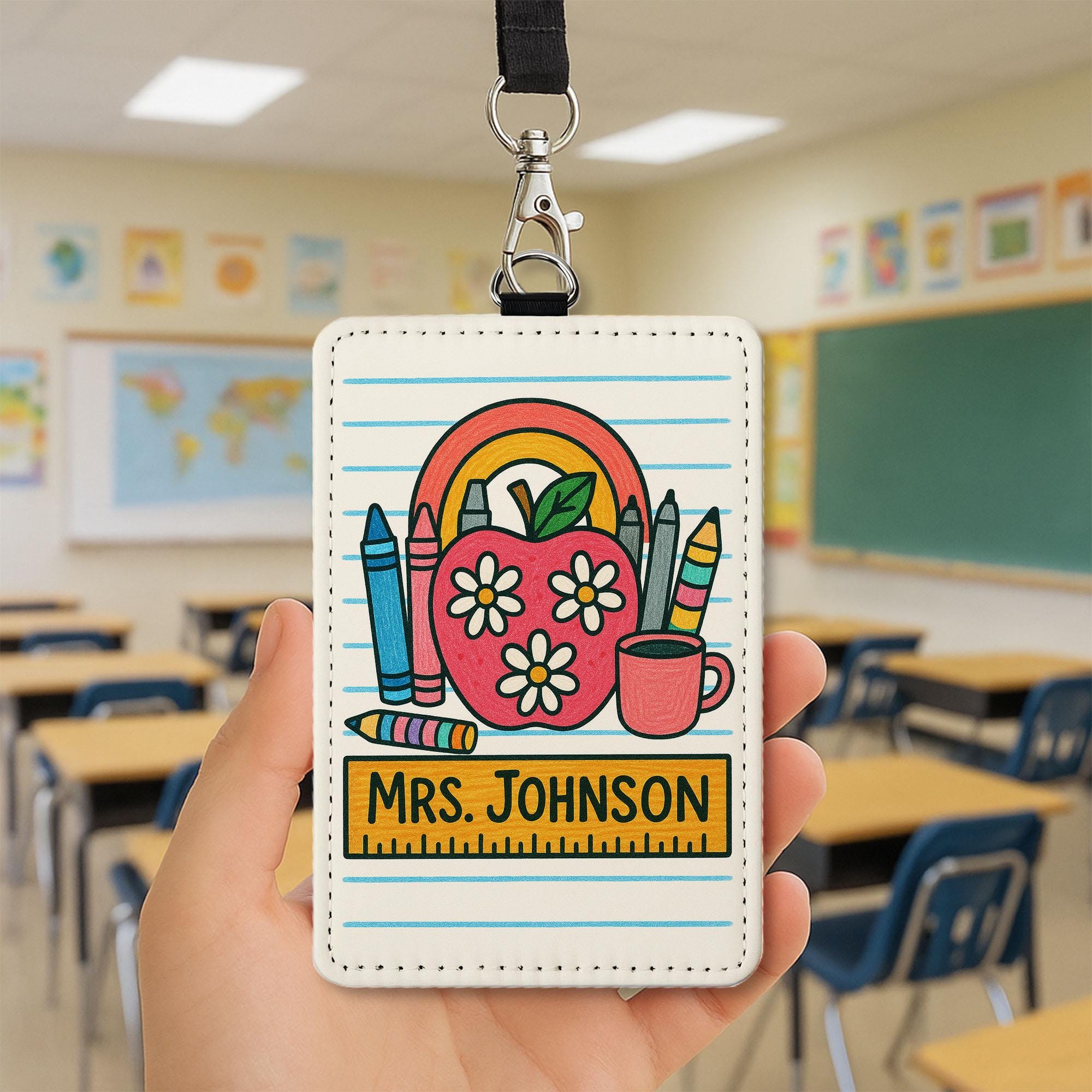 Teacher Badge Holder with Crayons and Apple, Personalized Leather ID Tag, Cute Classroom Lanyard, Back to School Gift for Educators