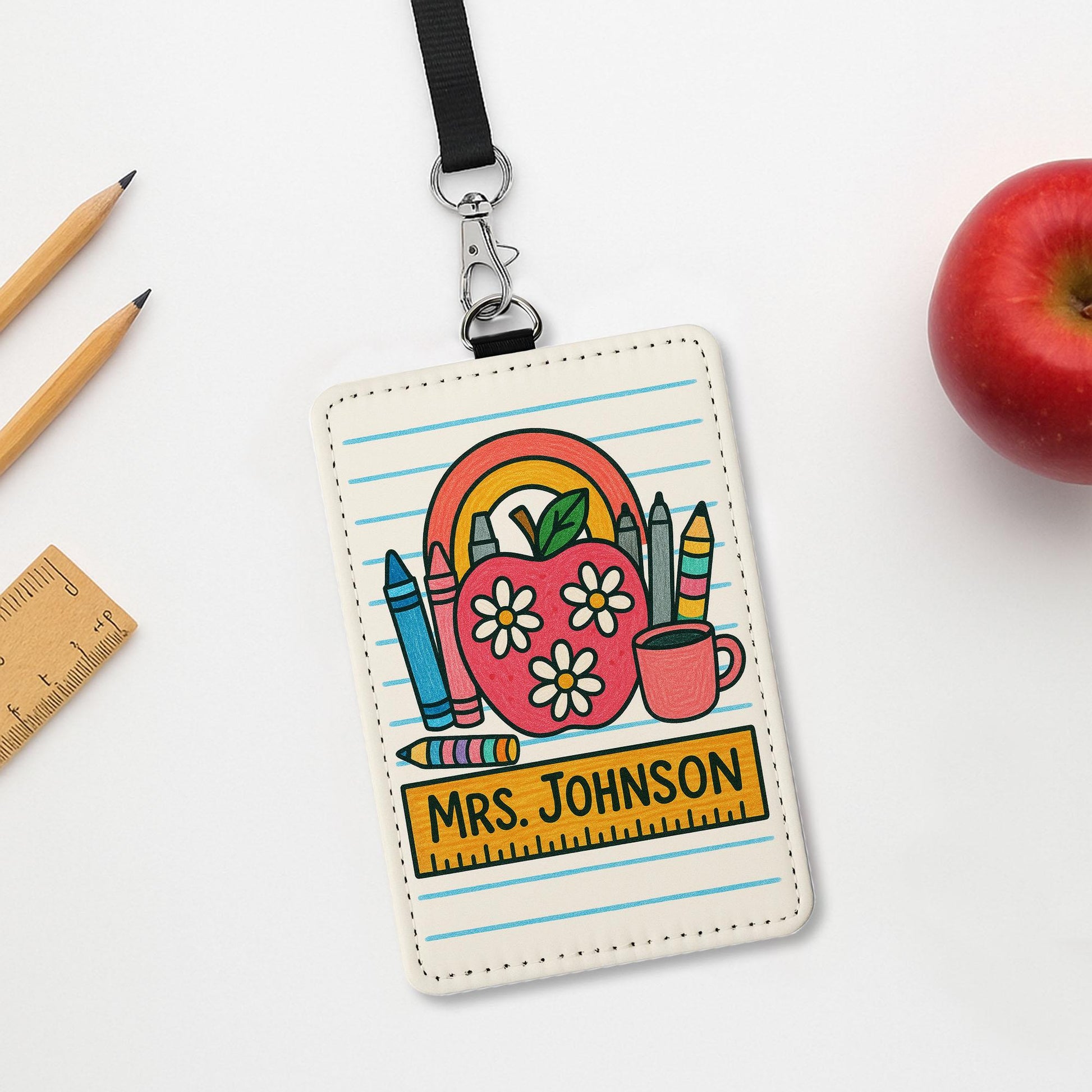 Teacher Badge Holder with Crayons and Apple, Personalized Leather ID Tag, Cute Classroom Lanyard, Back to School Gift for Educators