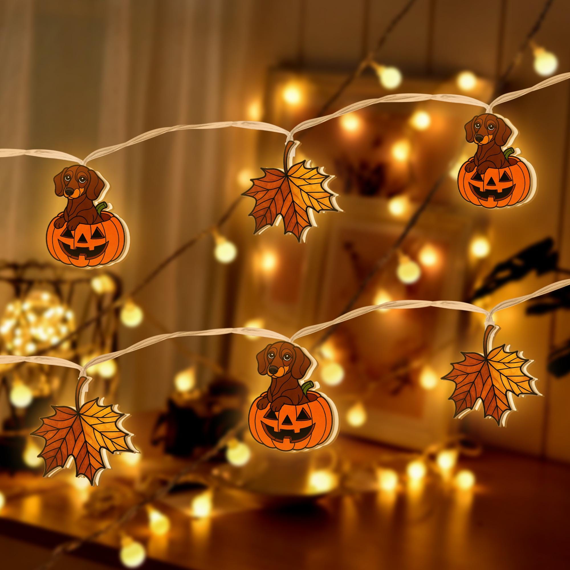 Dachshund Pumpkin String Lights, Fall Dog Halloween LED Garland, Autumn Leaf Fairy Lights, Puppy Jack O'Lantern Decor, Cute Fall Lights