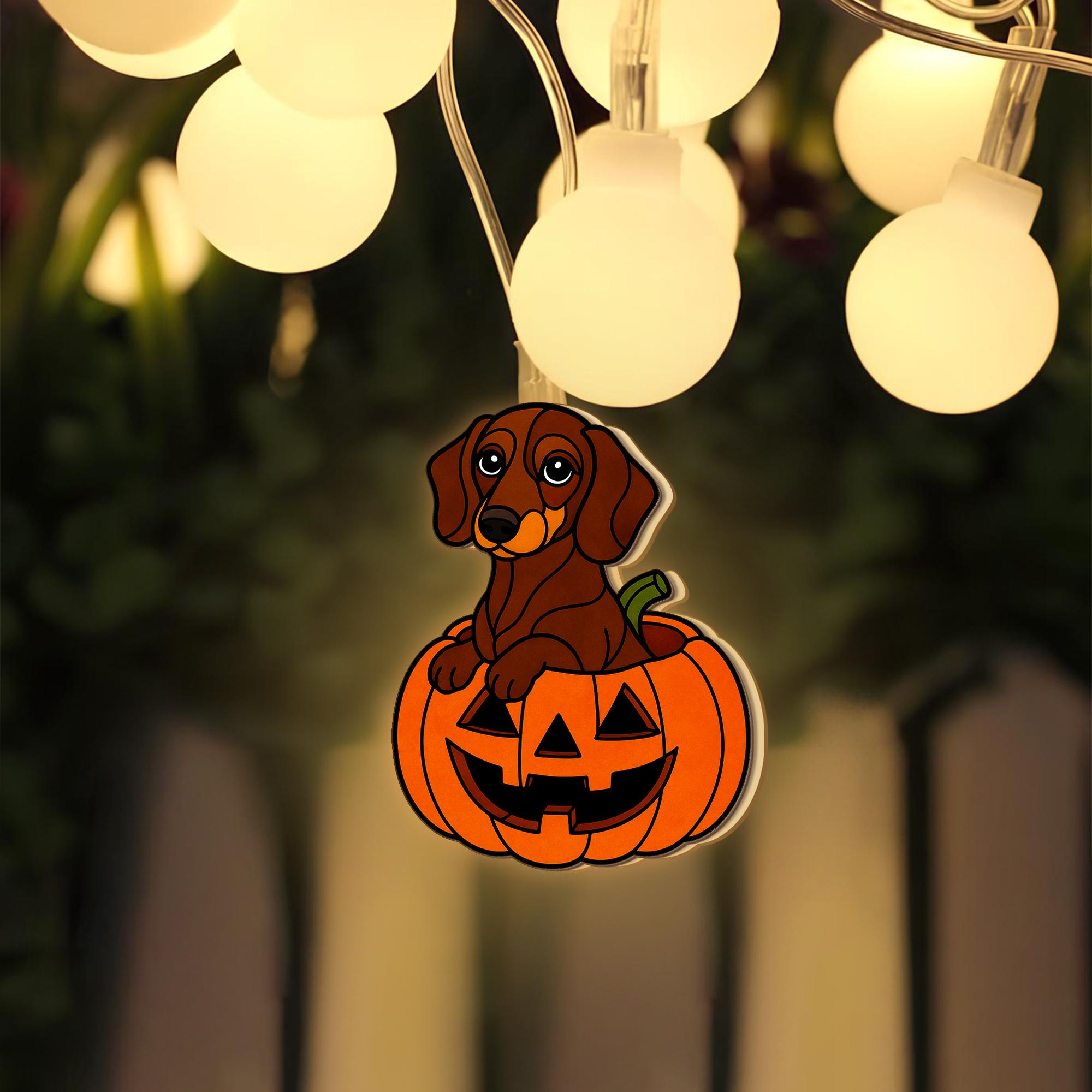 Dachshund Pumpkin String Lights, Fall Dog Halloween LED Garland, Autumn Leaf Fairy Lights, Puppy Jack O'Lantern Decor, Cute Fall Lights
