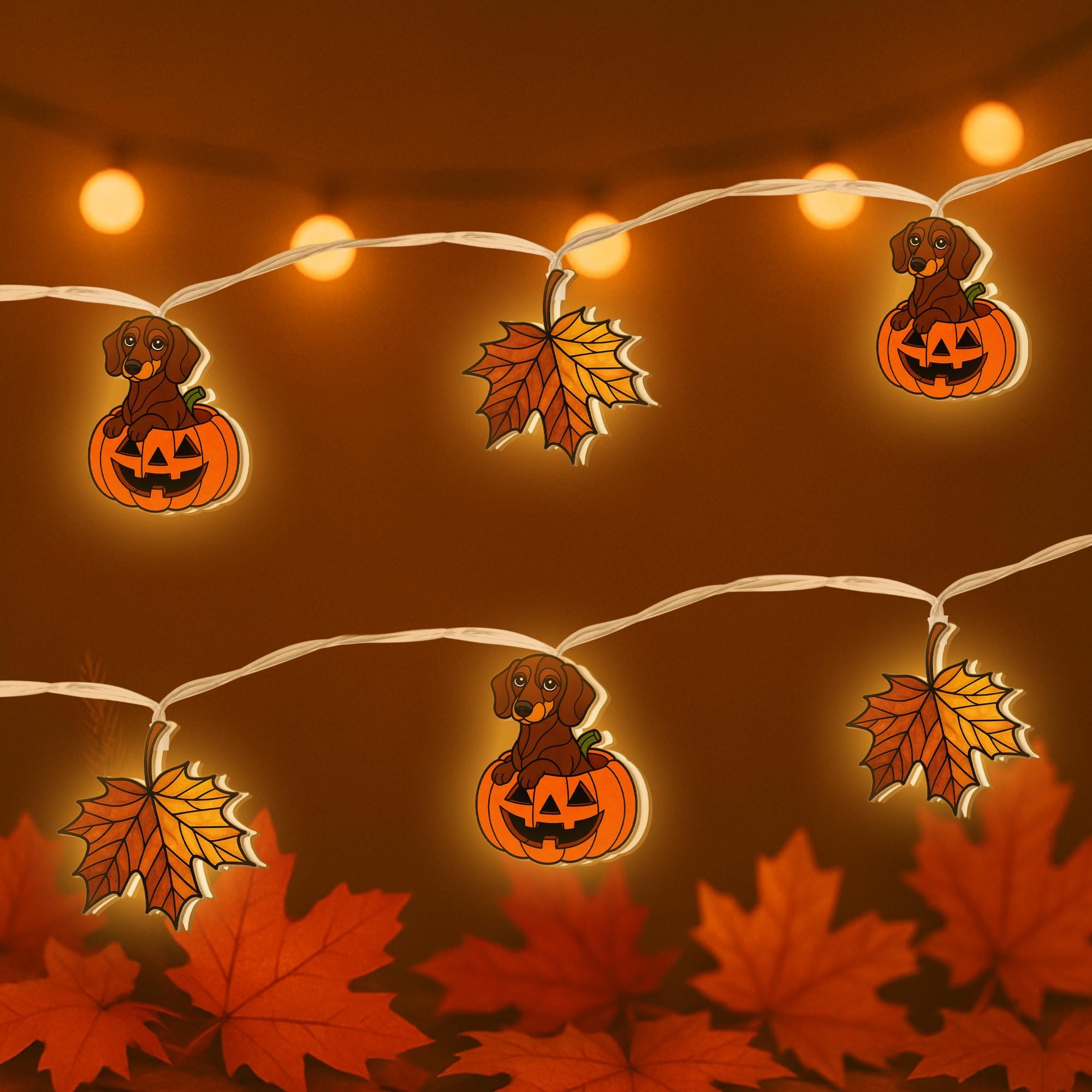 Dachshund Pumpkin String Lights, Fall Dog Halloween LED Garland, Autumn Leaf Fairy Lights, Puppy Jack O'Lantern Decor, Cute Fall Lights