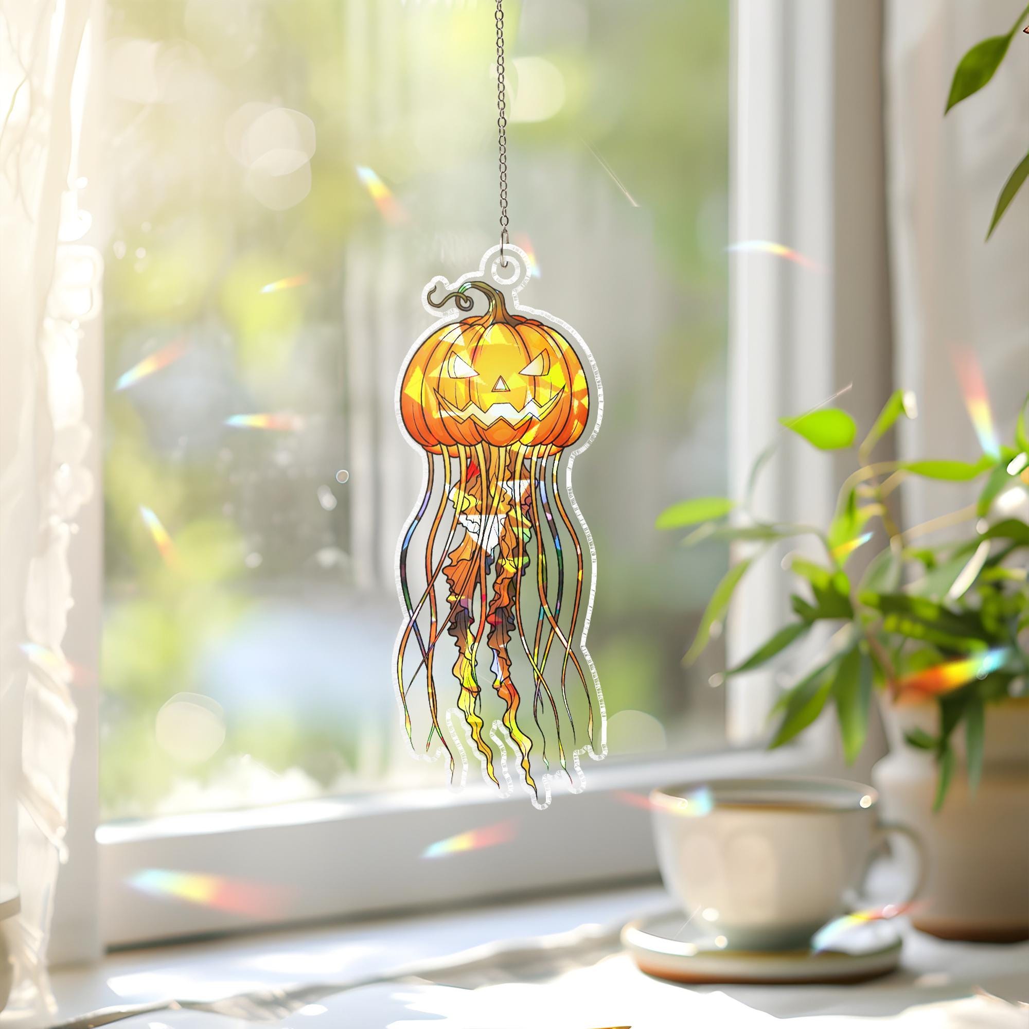 Halloween Pumpkin Jellyfish Suncatcher – Jack-O’-Lantern Window Decor – Spooky Fall Sun Catcher