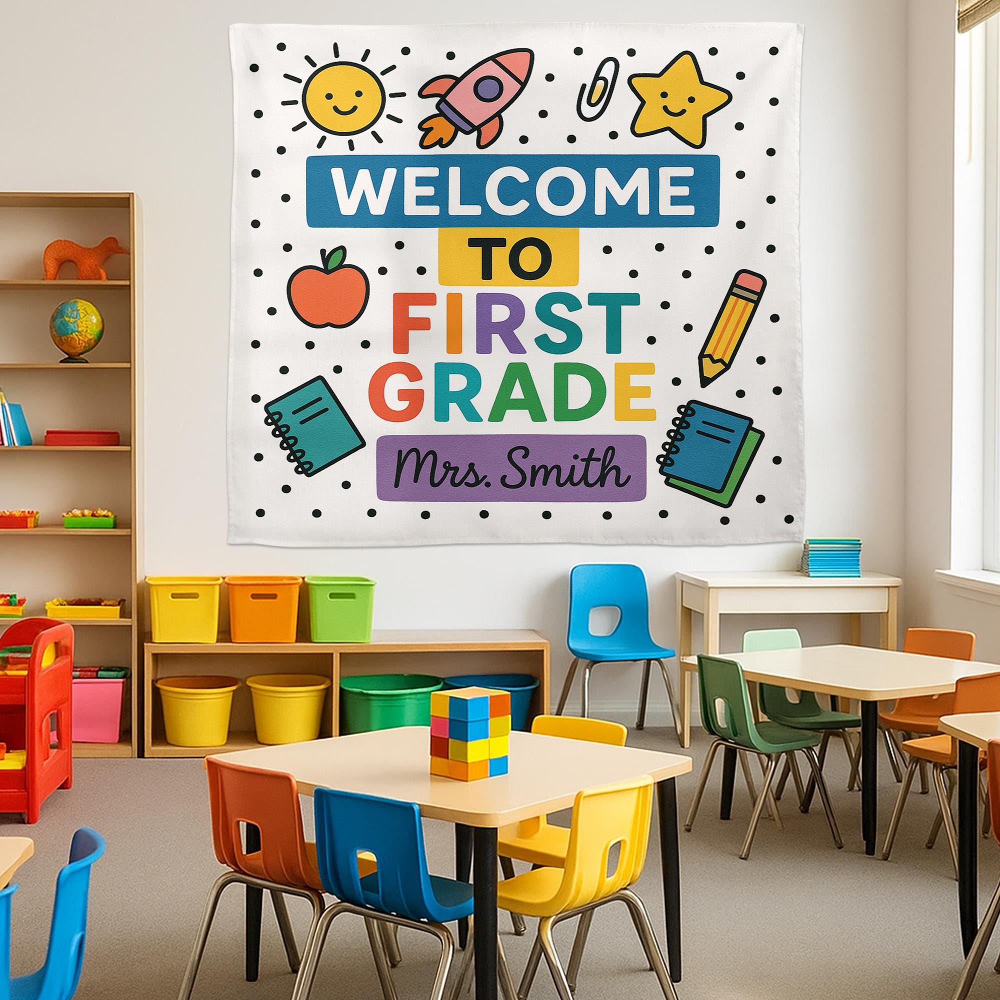 Welcome to First Grade Tapestry, Personalized Classroom Banner, Back to School Wall Decor, Teacher Name Sign, First Grade Decor