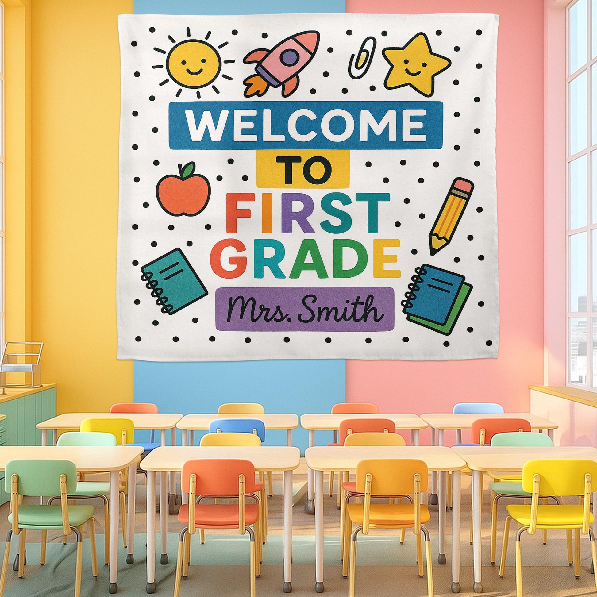 Welcome to First Grade Tapestry, Personalized Classroom Banner, Back to School Wall Decor, Teacher Name Sign, First Grade Decor