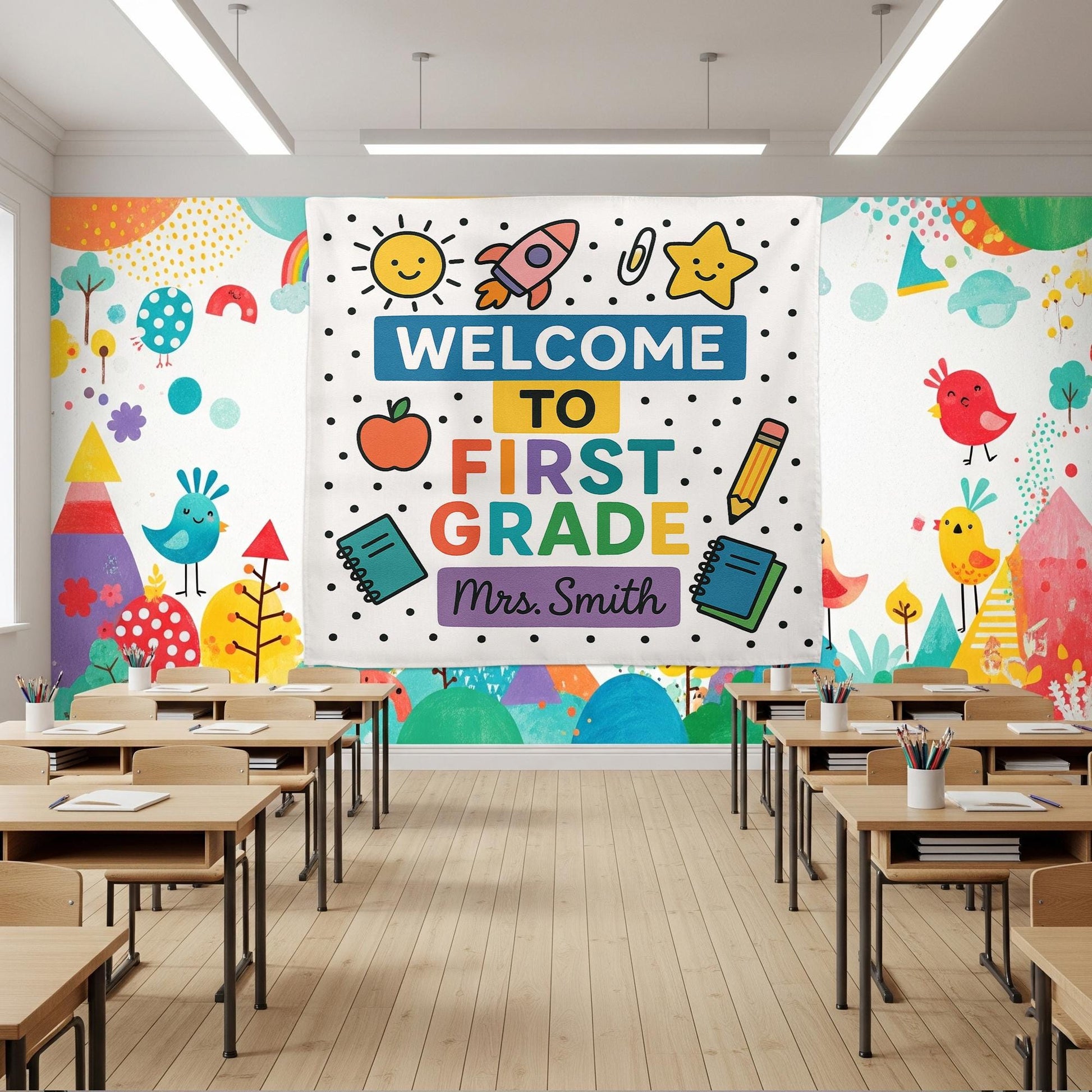 Welcome to First Grade Tapestry, Personalized Classroom Banner, Back to School Wall Decor, Teacher Name Sign, First Grade Decor