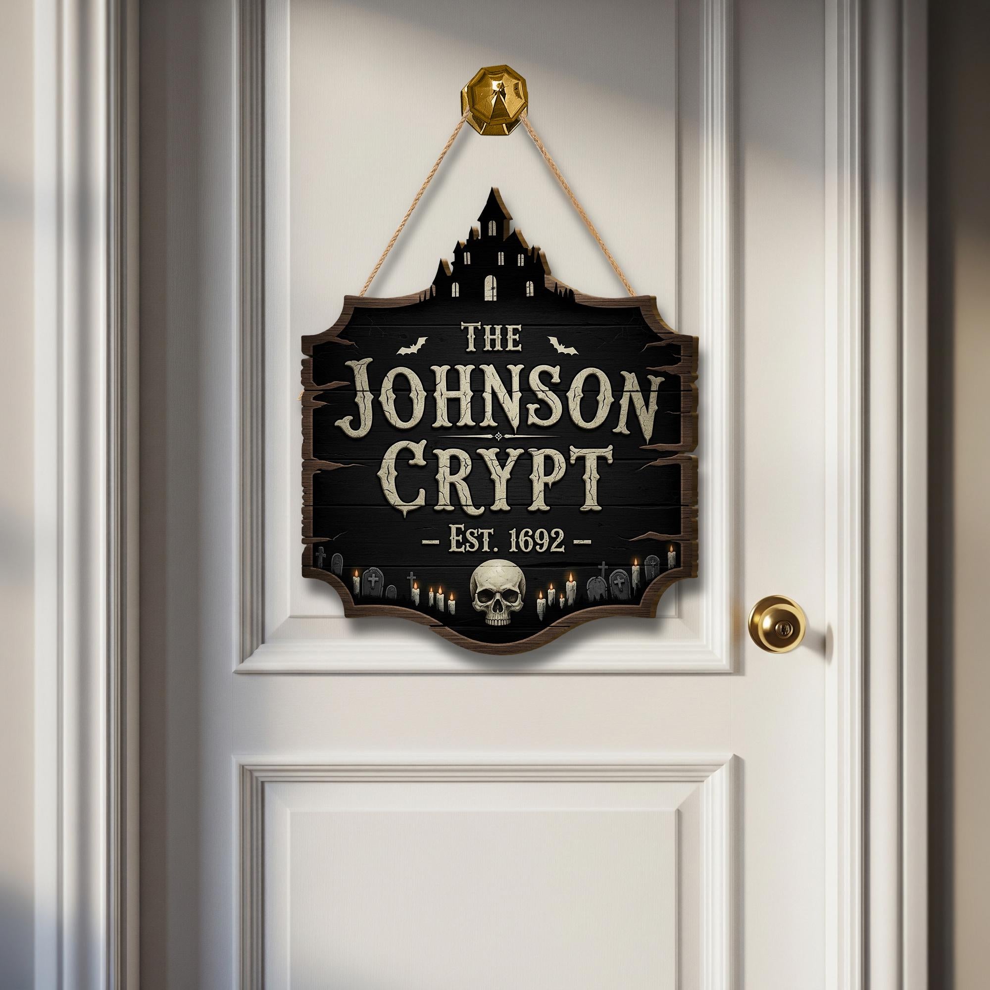 Custom Halloween Crypt Sign – Gothic Haunted House Door Decor – Personalized Spooky Plaque