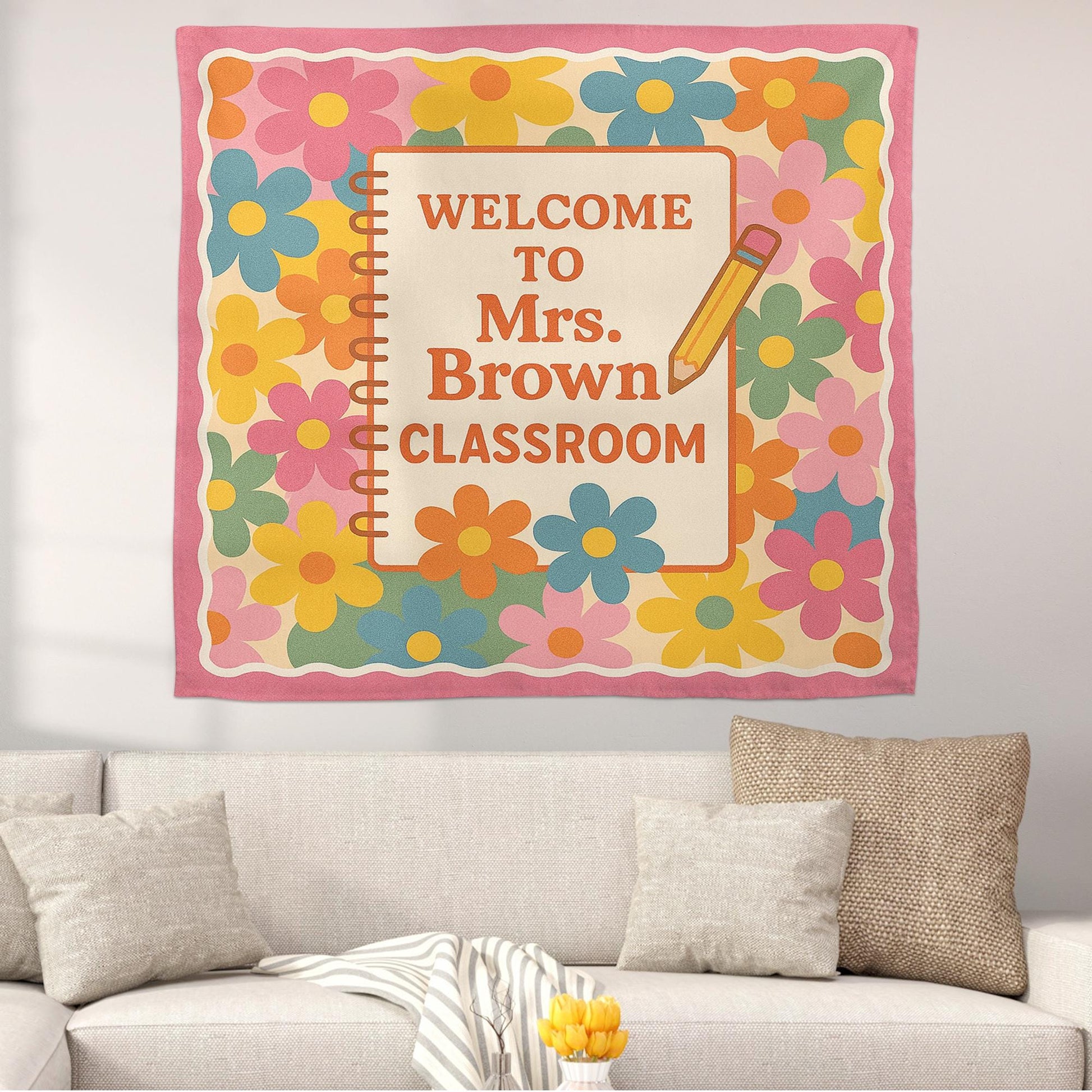 Welcome to Classroom Tapestry, Personalized Teacher Wall Banner, Floral Classroom Decor, Back to School Sign, Custom Name Poster