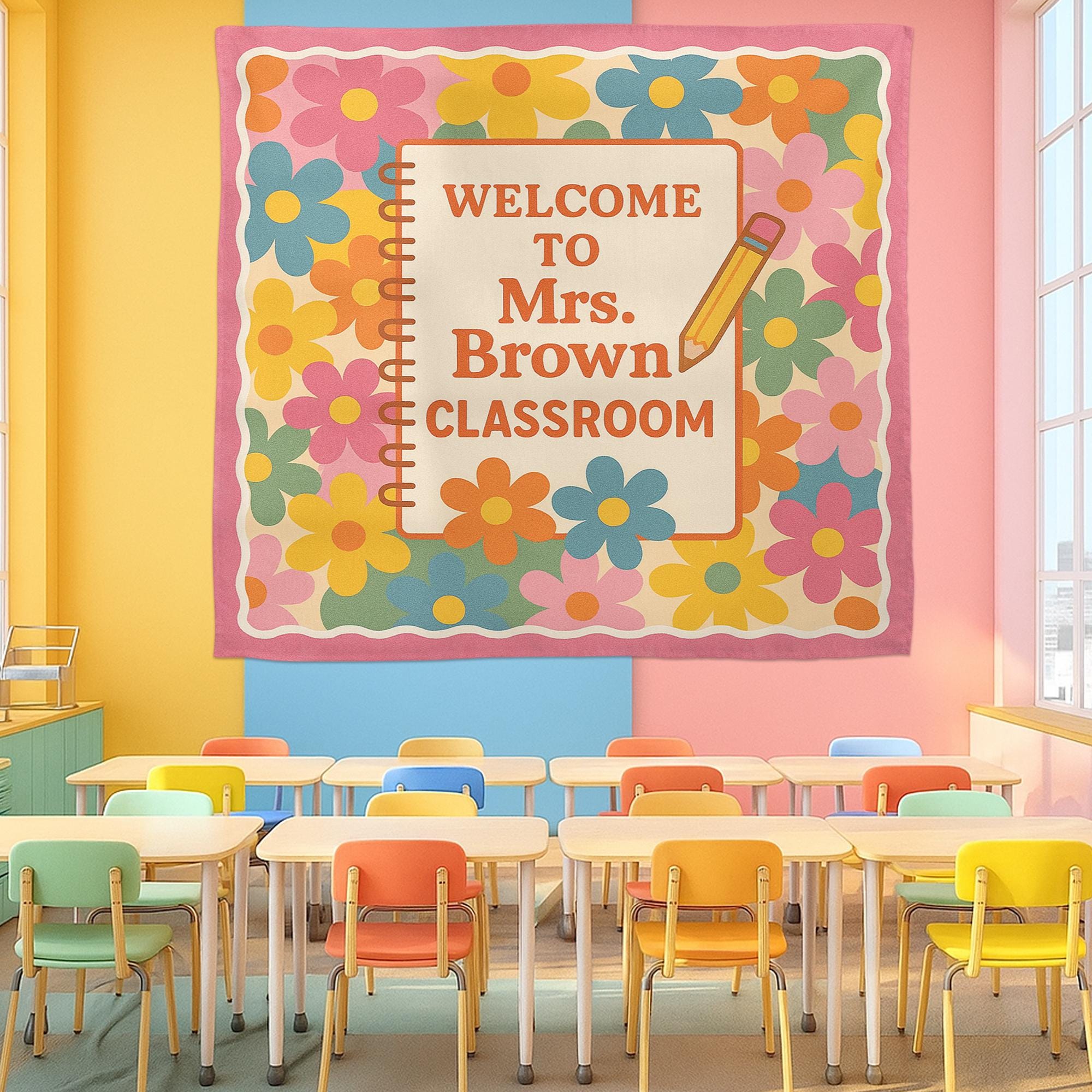 Welcome to Classroom Tapestry, Personalized Teacher Wall Banner, Floral Classroom Decor, Back to School Sign, Custom Name Poster