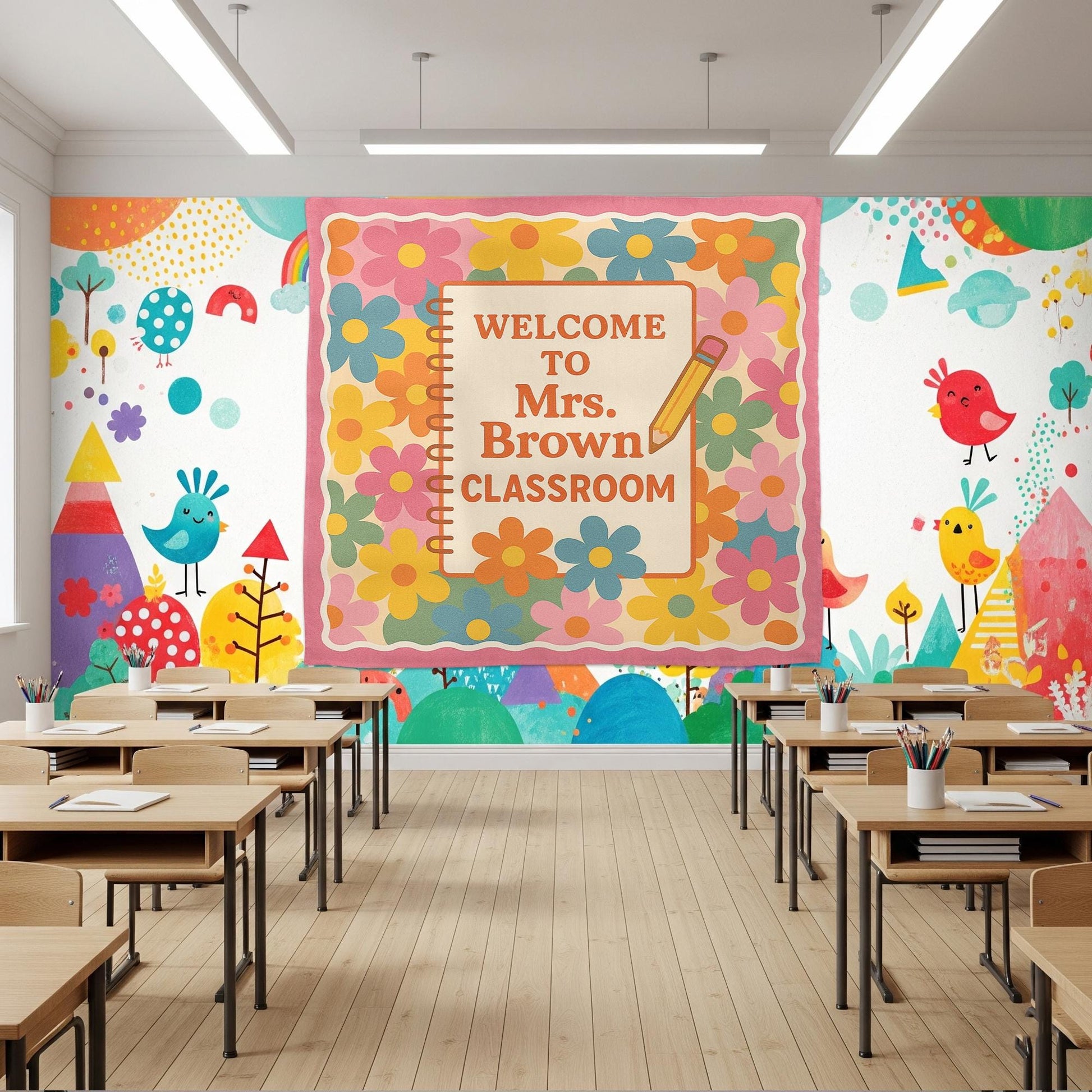 Welcome to Classroom Tapestry, Personalized Teacher Wall Banner, Floral Classroom Decor, Back to School Sign, Custom Name Poster