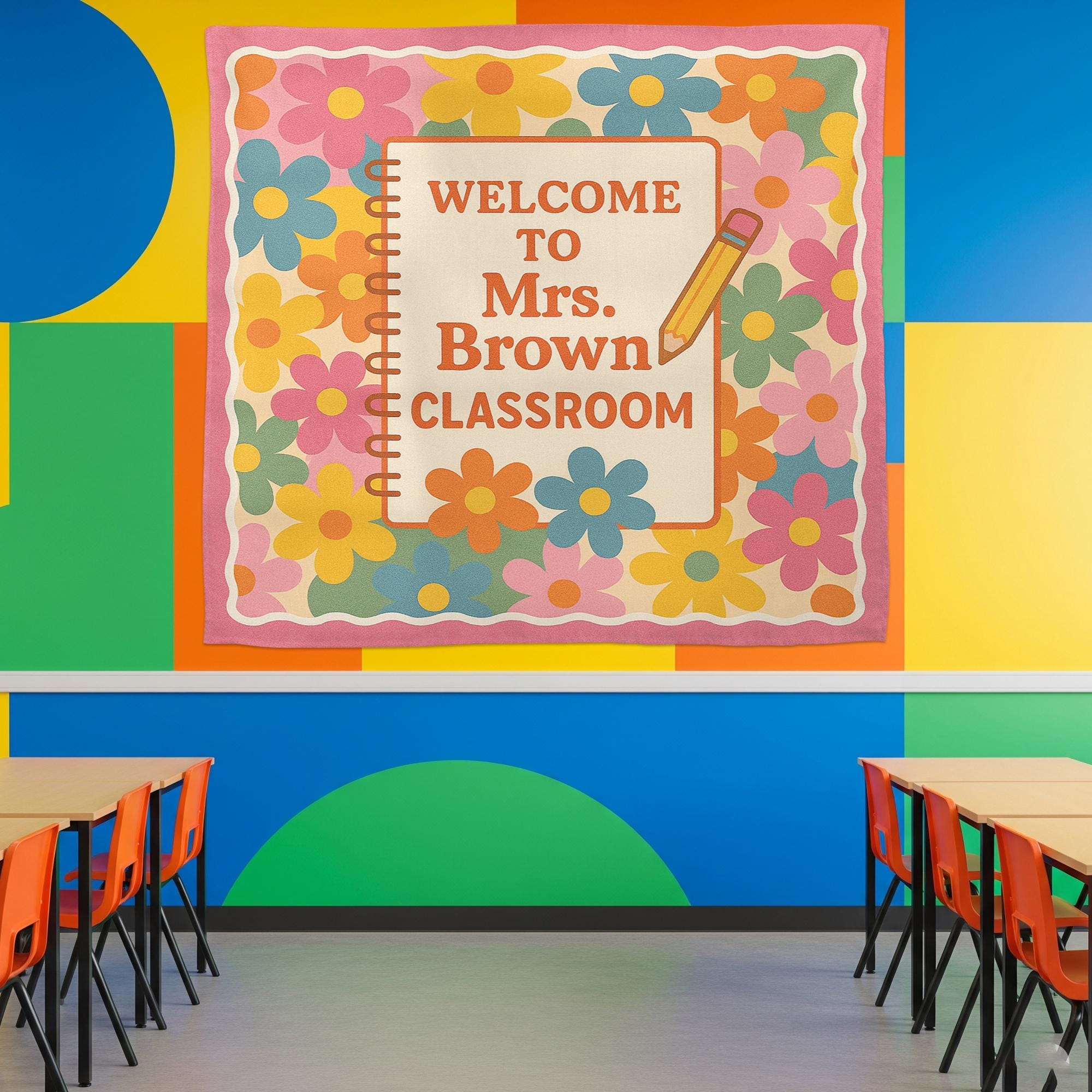 Welcome to Classroom Tapestry, Personalized Teacher Wall Banner, Floral Classroom Decor, Back to School Sign, Custom Name Poster
