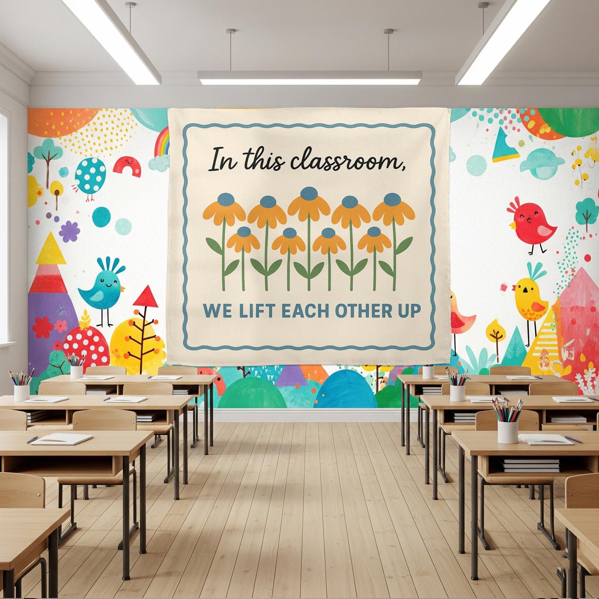 In This Classroom We Lift Each Other Up Tapestry, Inspirational Teacher Wall Banner, Floral Classroom Decor, Motivational Sign