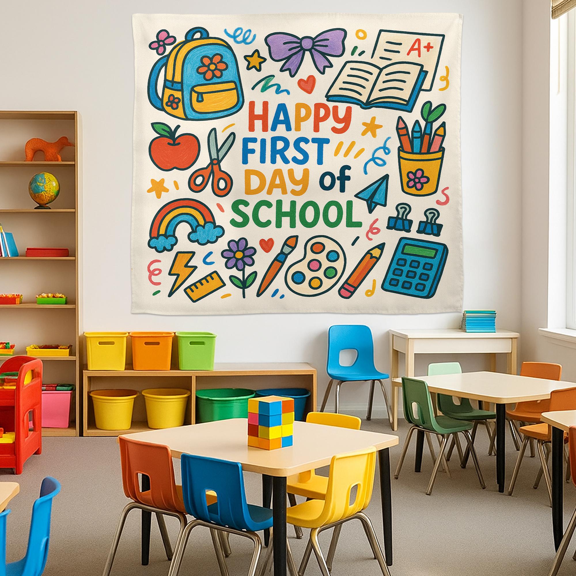 Happy First Day of School Tapestry, Back to School Classroom Banner, Colorful Teacher Wall Decor, Classroom Welcome Sign