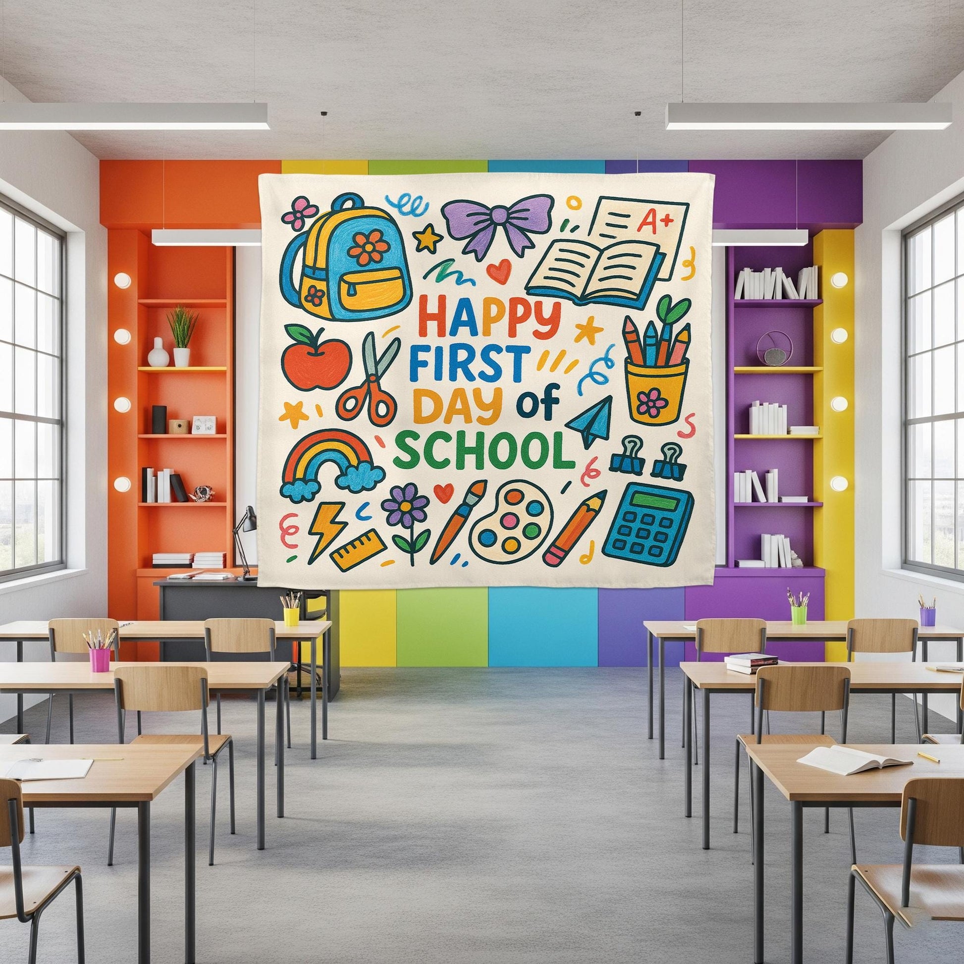 Happy First Day of School Tapestry, Back to School Classroom Banner, Colorful Teacher Wall Decor, Classroom Welcome Sign