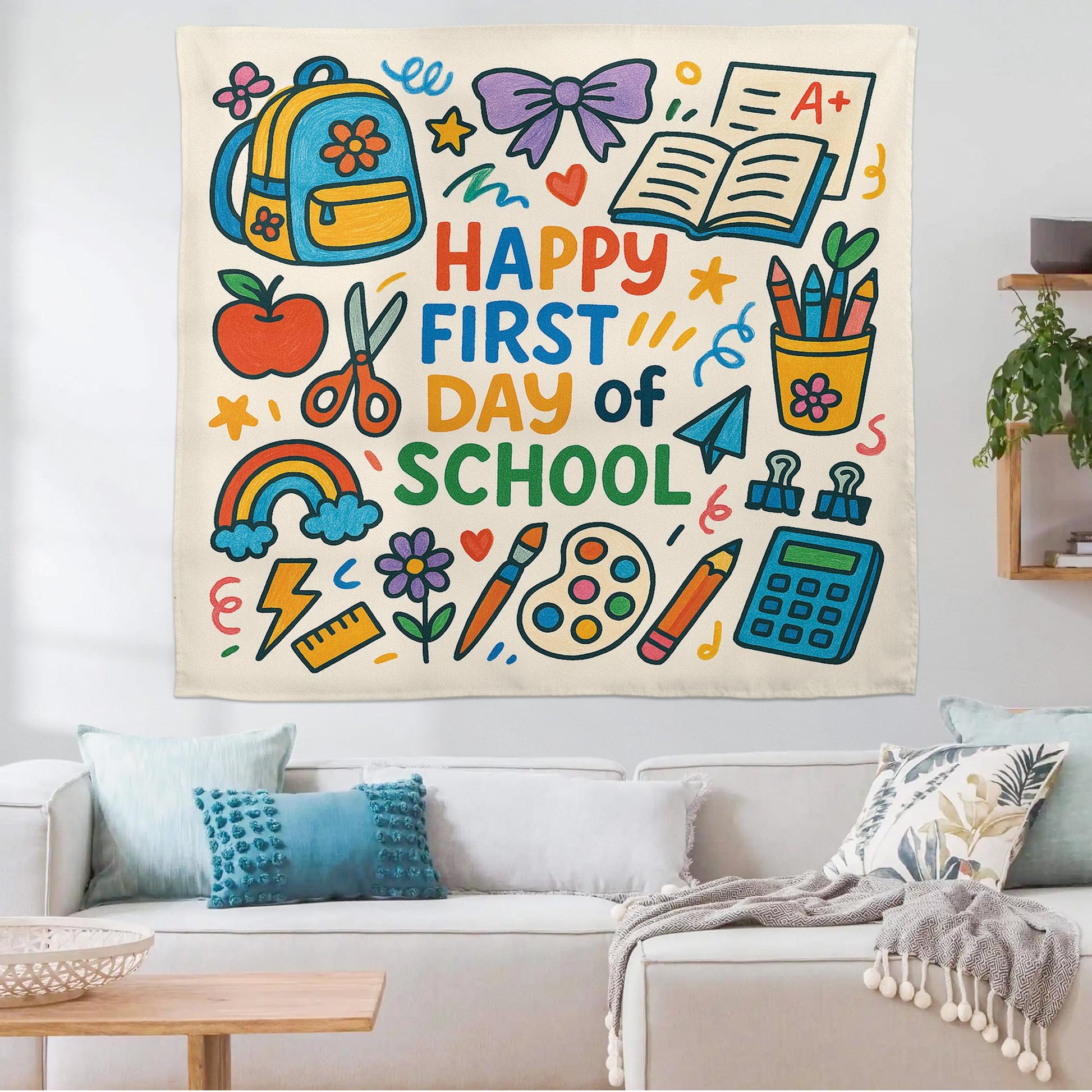 Happy First Day of School Tapestry, Back to School Classroom Banner, Colorful Teacher Wall Decor, Classroom Welcome Sign