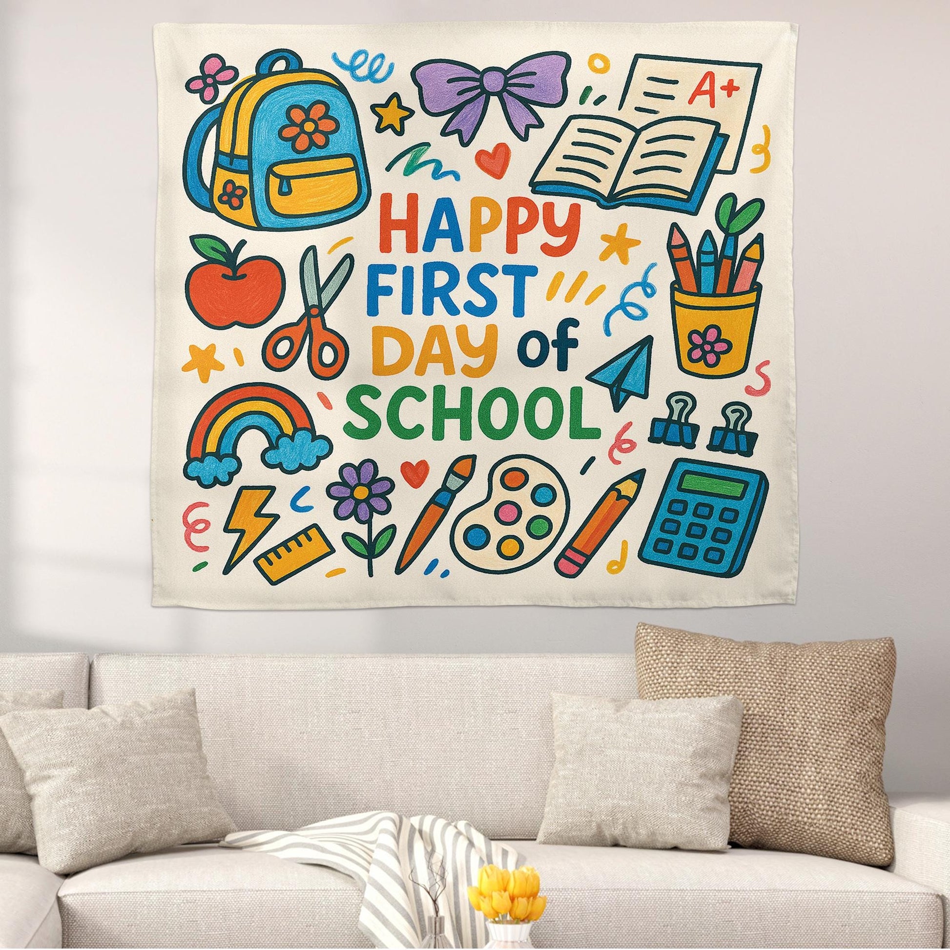 Happy First Day of School Tapestry, Back to School Classroom Banner, Colorful Teacher Wall Decor, Classroom Welcome Sign