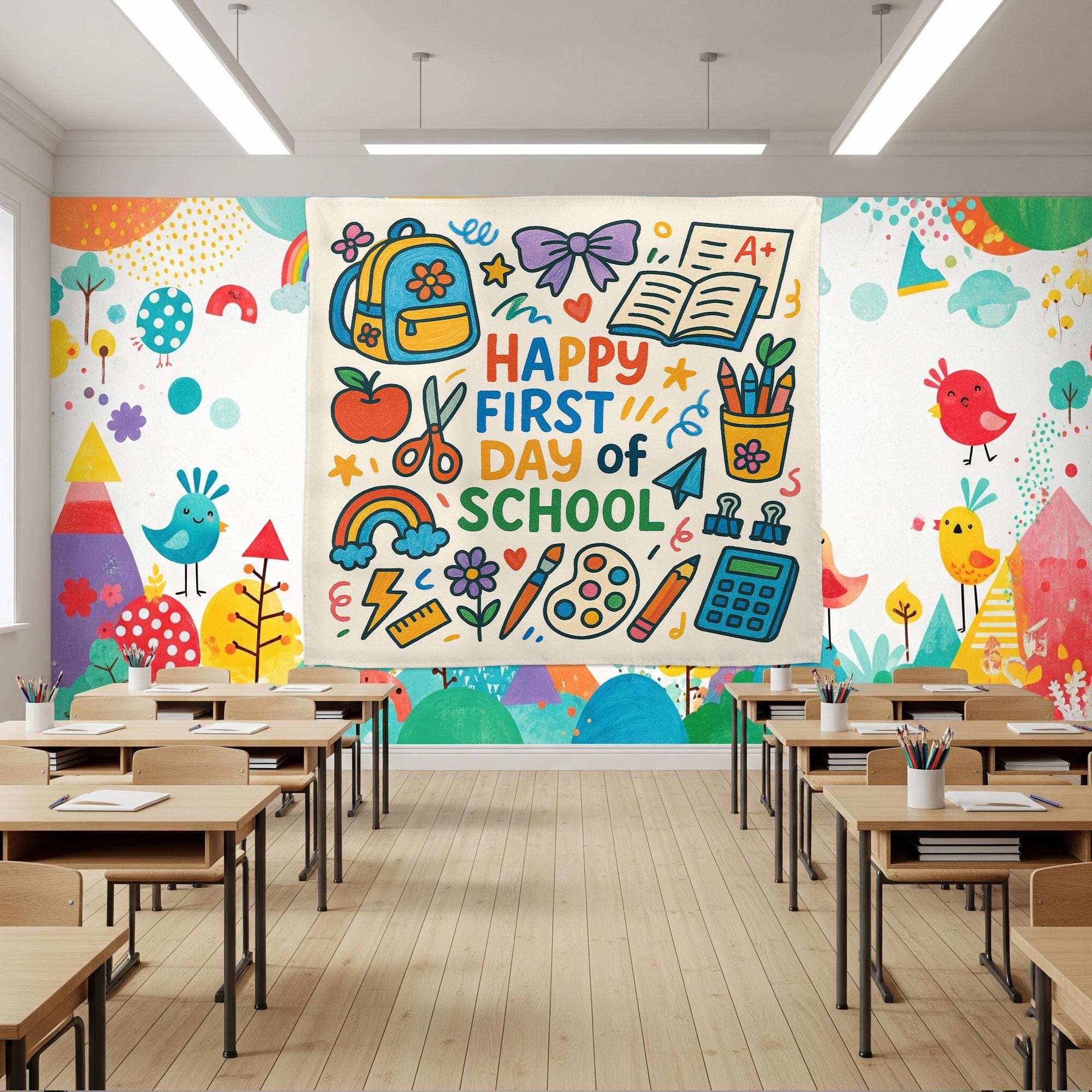 Happy First Day of School Tapestry, Back to School Classroom Banner, Colorful Teacher Wall Decor, Classroom Welcome Sign