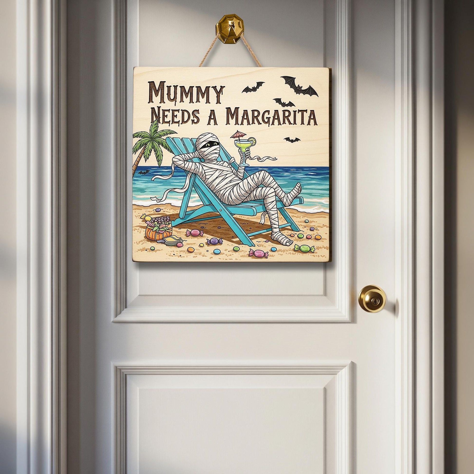 Mummy Needs a Margarita Sign – Funny Halloween Beach Decor – Summerween Wood Door Sign