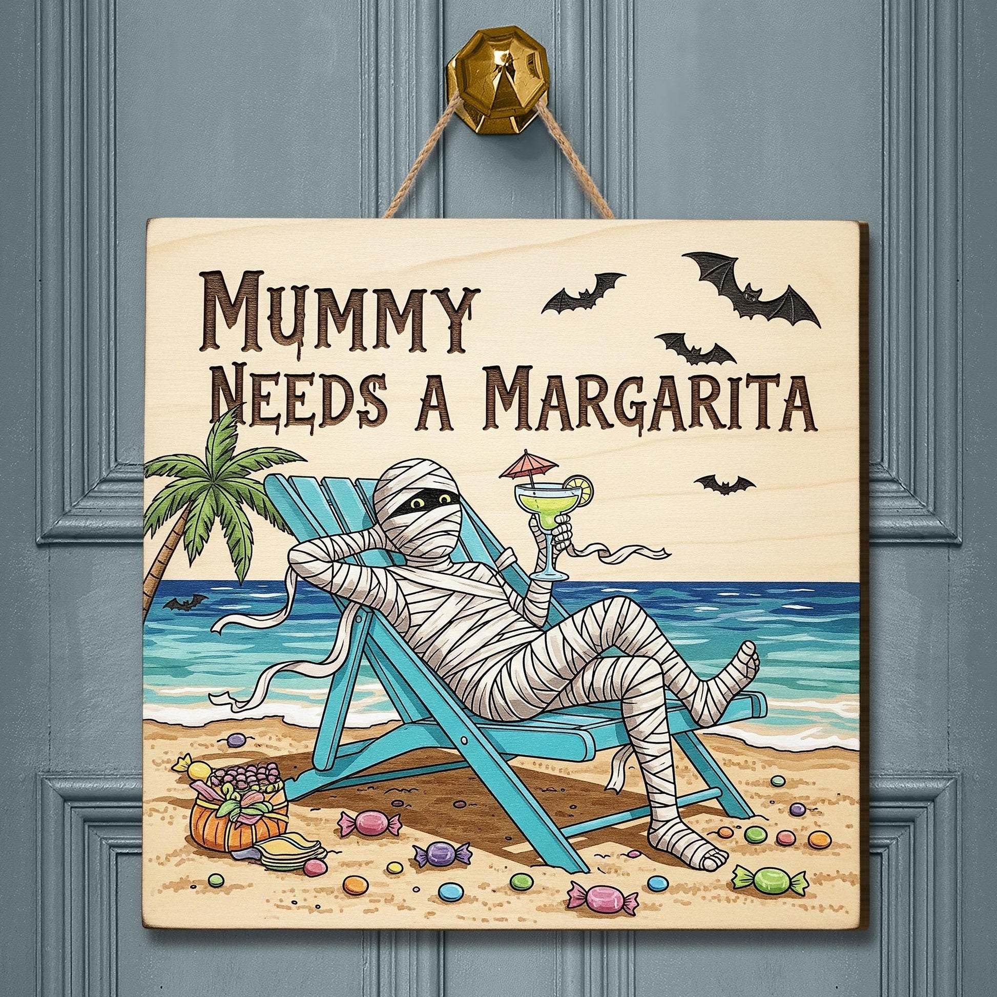 Mummy Needs a Margarita Sign – Funny Halloween Beach Decor – Summerween Wood Door Sign