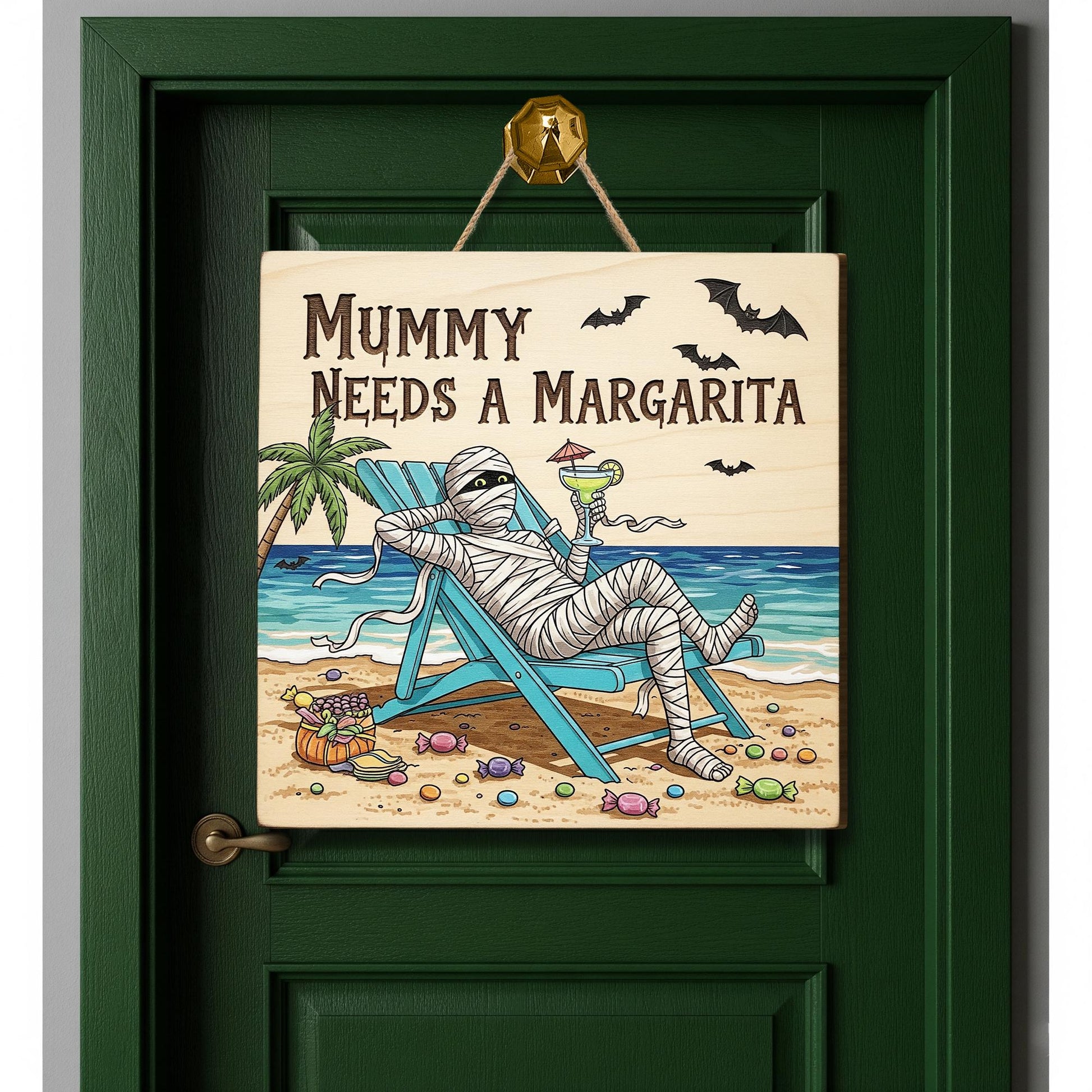 Mummy Needs a Margarita Sign – Funny Halloween Beach Decor – Summerween Wood Door Sign