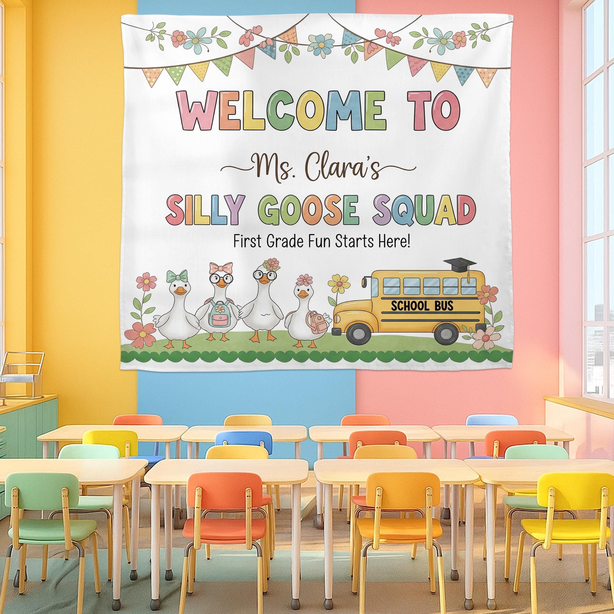 Silly Goose Squad Classroom Tapestry, Custom Teacher Backdrop for First Grade, Funny Welcome Sign, Personalized Classroom Decor, Goose Decor