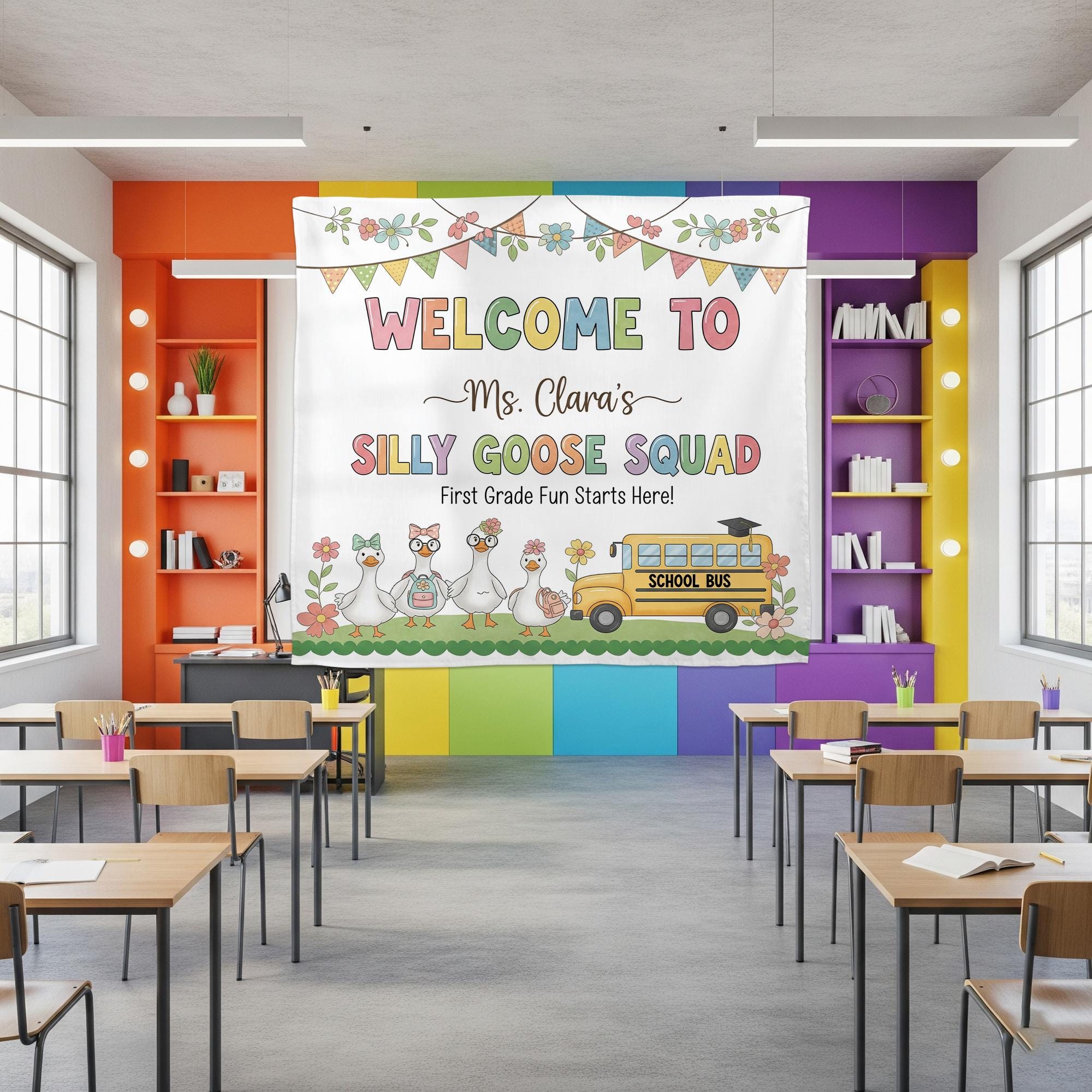 Silly Goose Squad Classroom Tapestry, Custom Teacher Backdrop for First Grade, Funny Welcome Sign, Personalized Classroom Decor, Goose Decor
