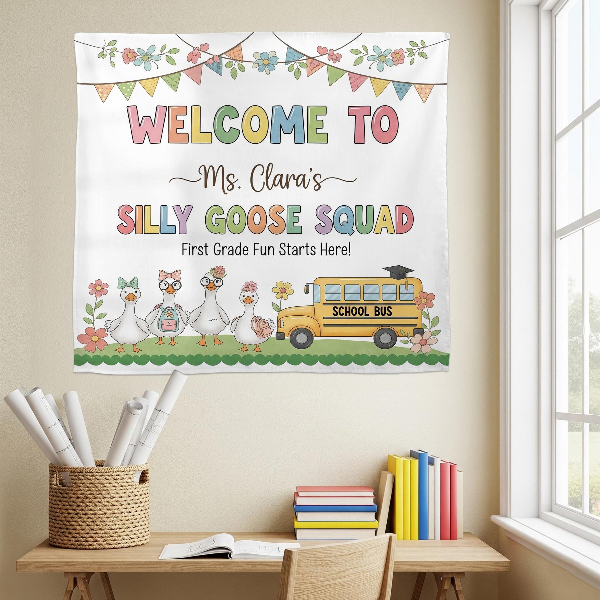Silly Goose Squad Classroom Tapestry, Custom Teacher Backdrop for First Grade, Funny Welcome Sign, Personalized Classroom Decor, Goose Decor