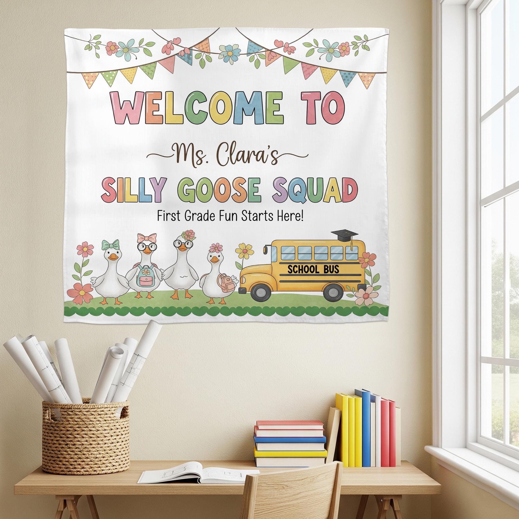 Silly Goose Squad Classroom Tapestry, Custom Teacher Backdrop for First Grade, Funny Welcome Sign, Personalized Classroom Decor, Goose Decor