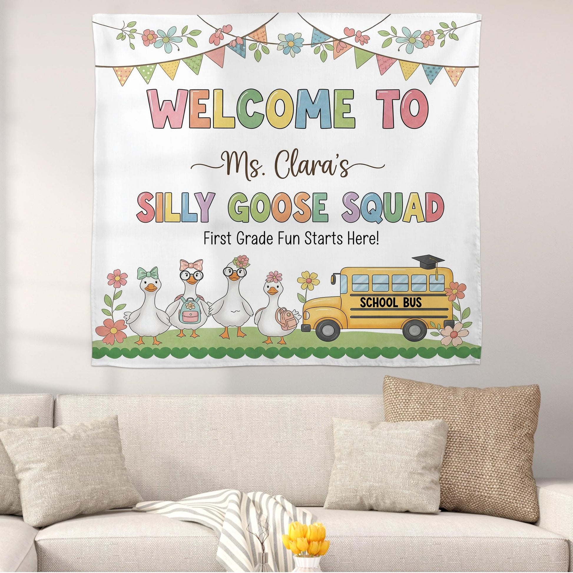 Silly Goose Squad Classroom Tapestry, Custom Teacher Backdrop for First Grade, Funny Welcome Sign, Personalized Classroom Decor, Goose Decor