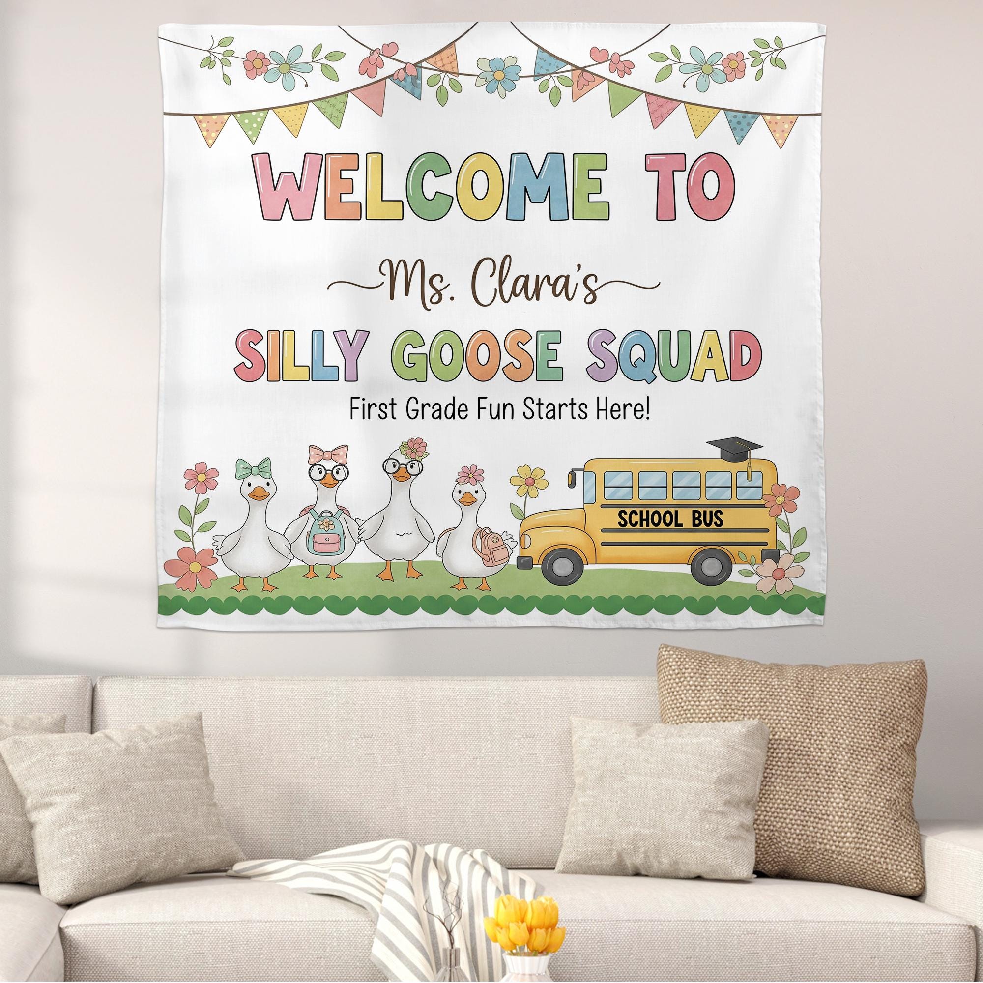 Silly Goose Squad Classroom Tapestry, Custom Teacher Backdrop for First Grade, Funny Welcome Sign, Personalized Classroom Decor, Goose Decor