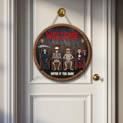 Halloween Door Sign Welcome Enter If You Dare | Funny Spooky Skeleton Mummy Vampire Grim Reaper Decor | Indoor Outdoor Wall Hanging