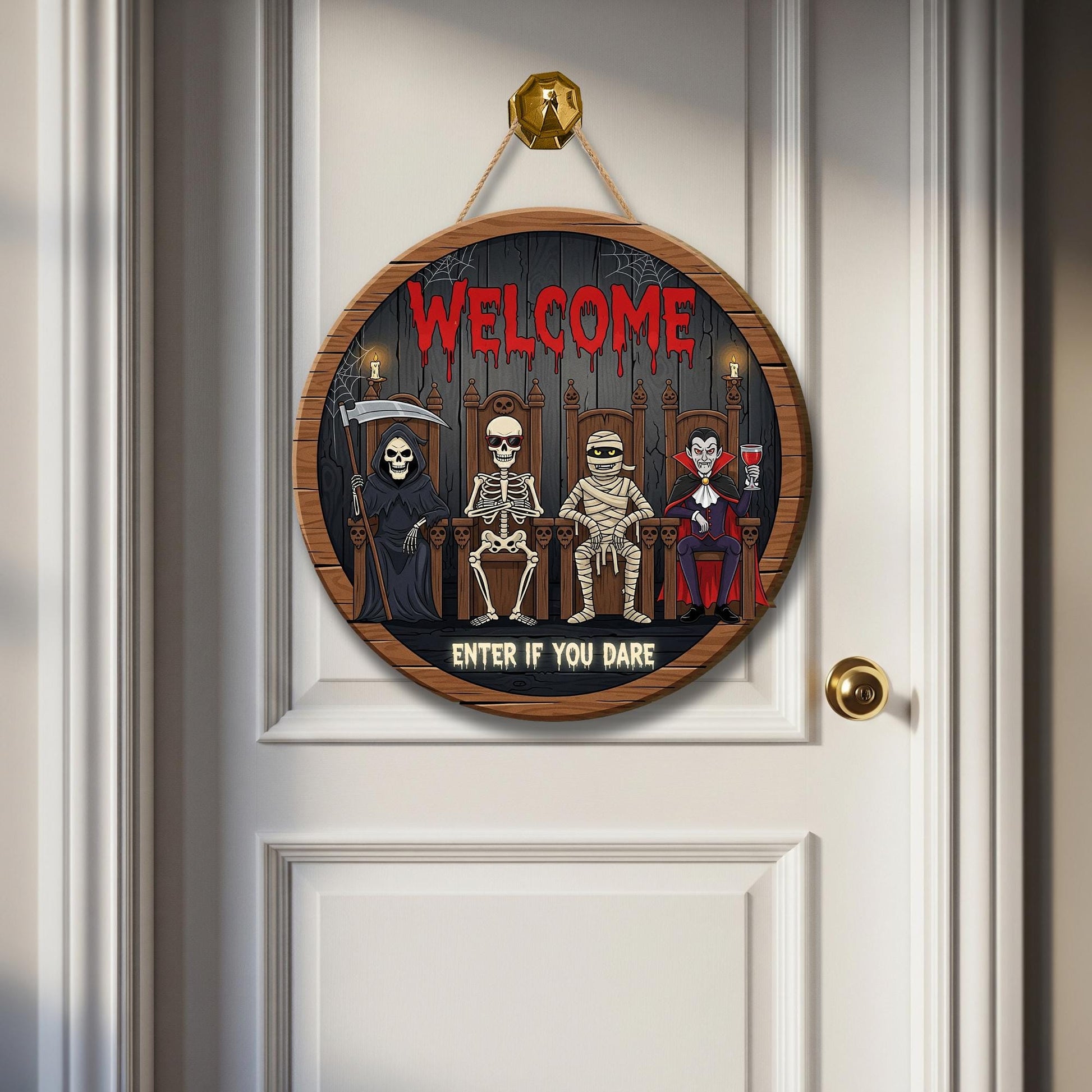 Halloween Door Sign Welcome Enter If You Dare | Funny Spooky Skeleton Mummy Vampire Grim Reaper Decor | Indoor Outdoor Wall Hanging