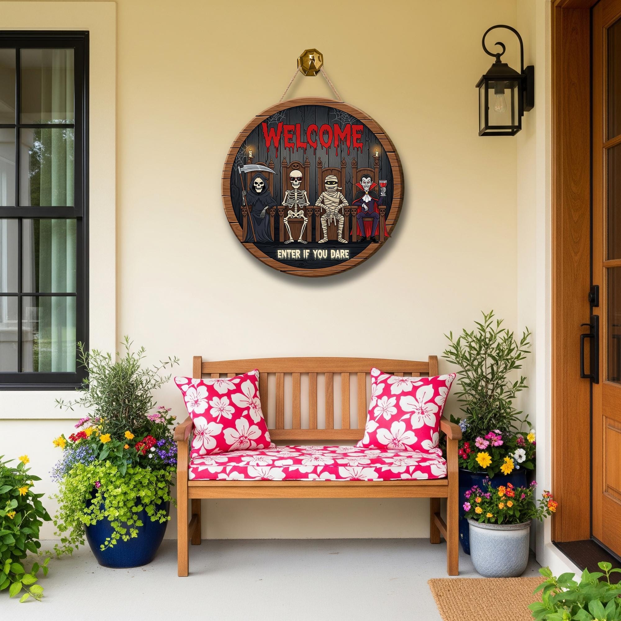 Halloween Door Sign Welcome Enter If You Dare | Funny Spooky Skeleton Mummy Vampire Grim Reaper Decor | Indoor Outdoor Wall Hanging