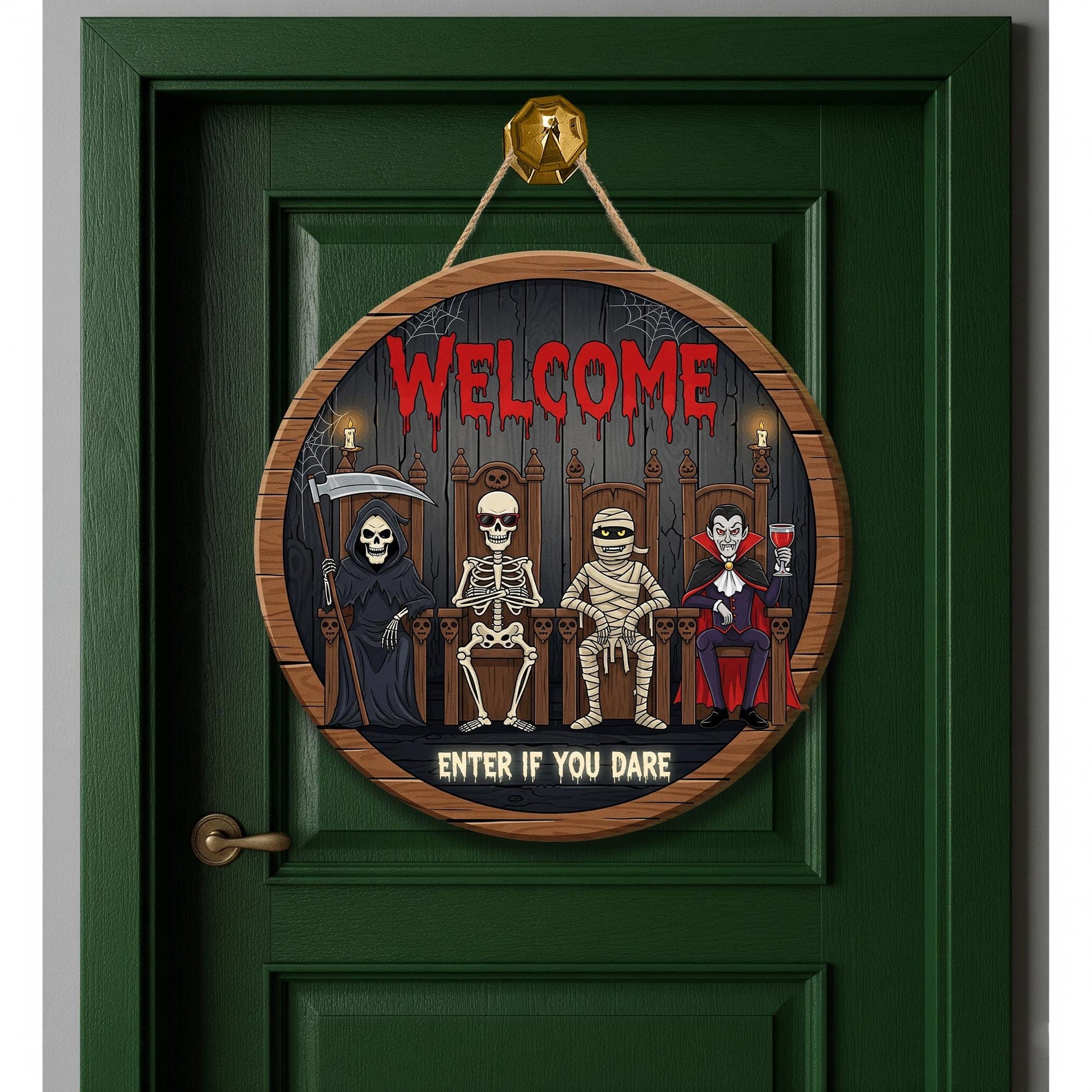 Halloween Door Sign Welcome Enter If You Dare | Funny Spooky Skeleton Mummy Vampire Grim Reaper Decor | Indoor Outdoor Wall Hanging