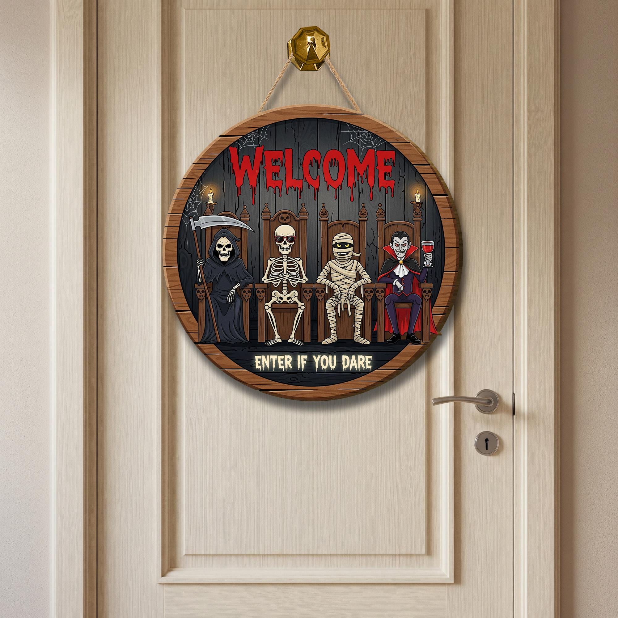 Halloween Door Sign Welcome Enter If You Dare | Funny Spooky Skeleton Mummy Vampire Grim Reaper Decor | Indoor Outdoor Wall Hanging