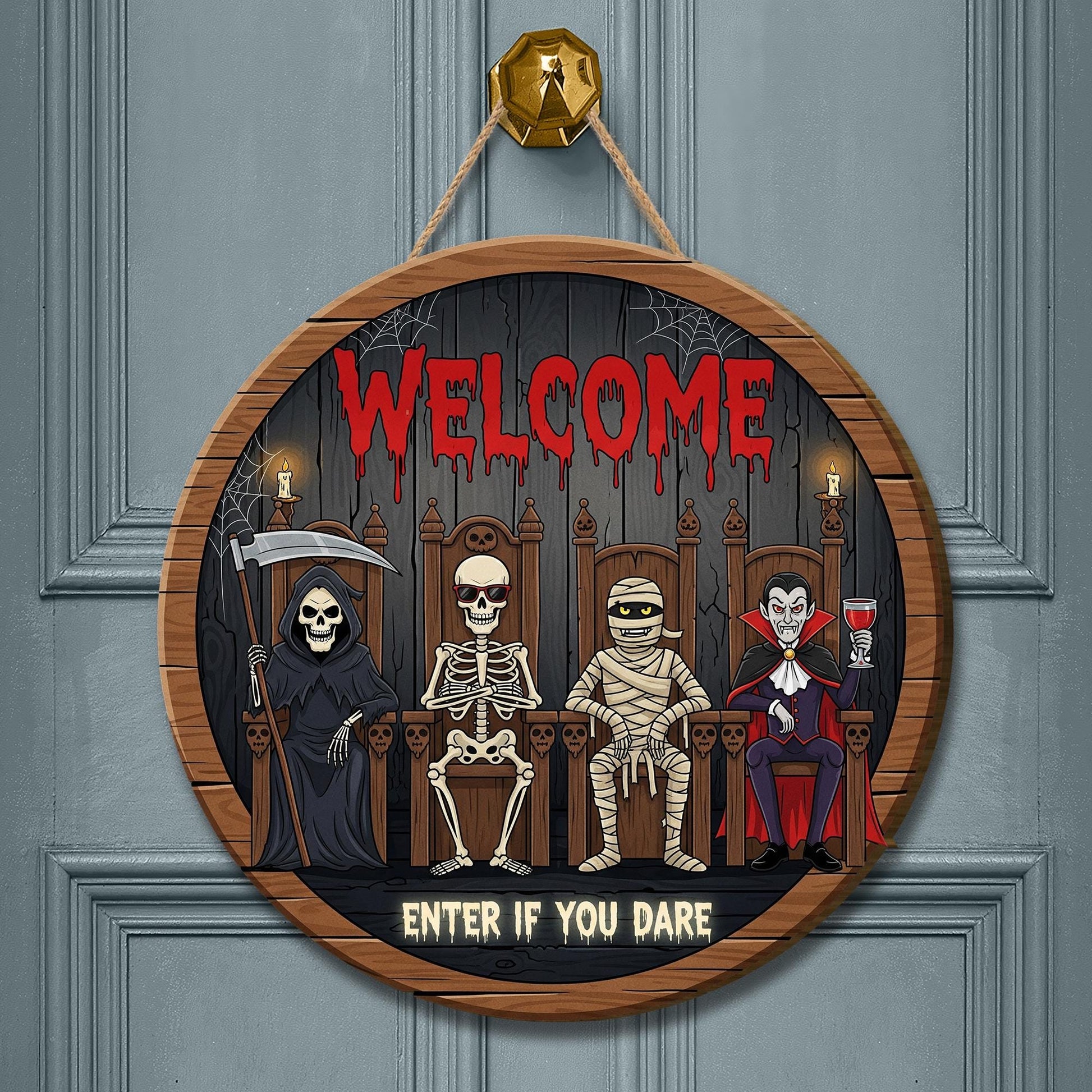 Halloween Door Sign Welcome Enter If You Dare | Funny Spooky Skeleton Mummy Vampire Grim Reaper Decor | Indoor Outdoor Wall Hanging