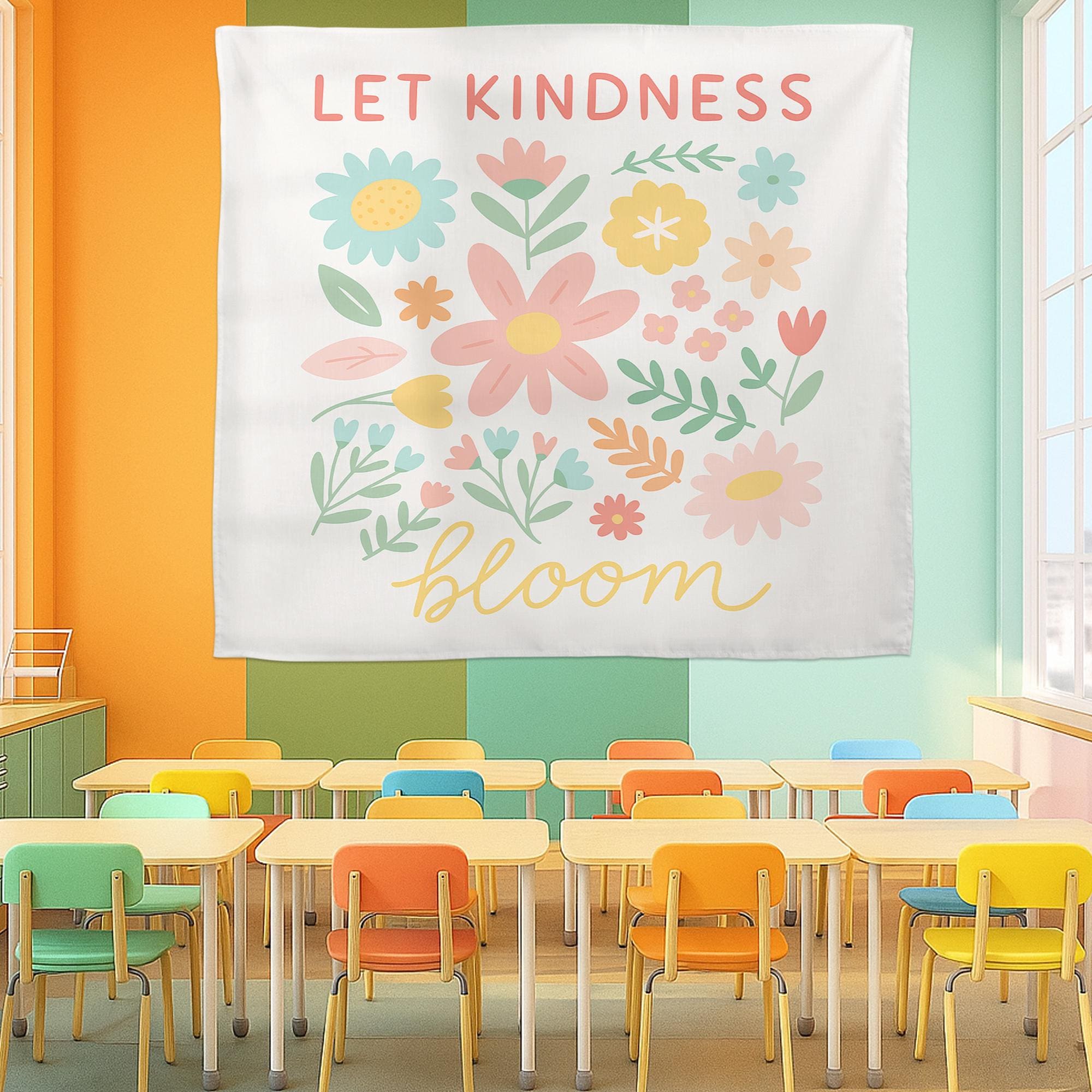 Let Kindness Bloom Classroom Tapestry, Floral Wall Decor for Teachers, Positive Quote Backdrop, Kindergarten or Back To School Wall Art