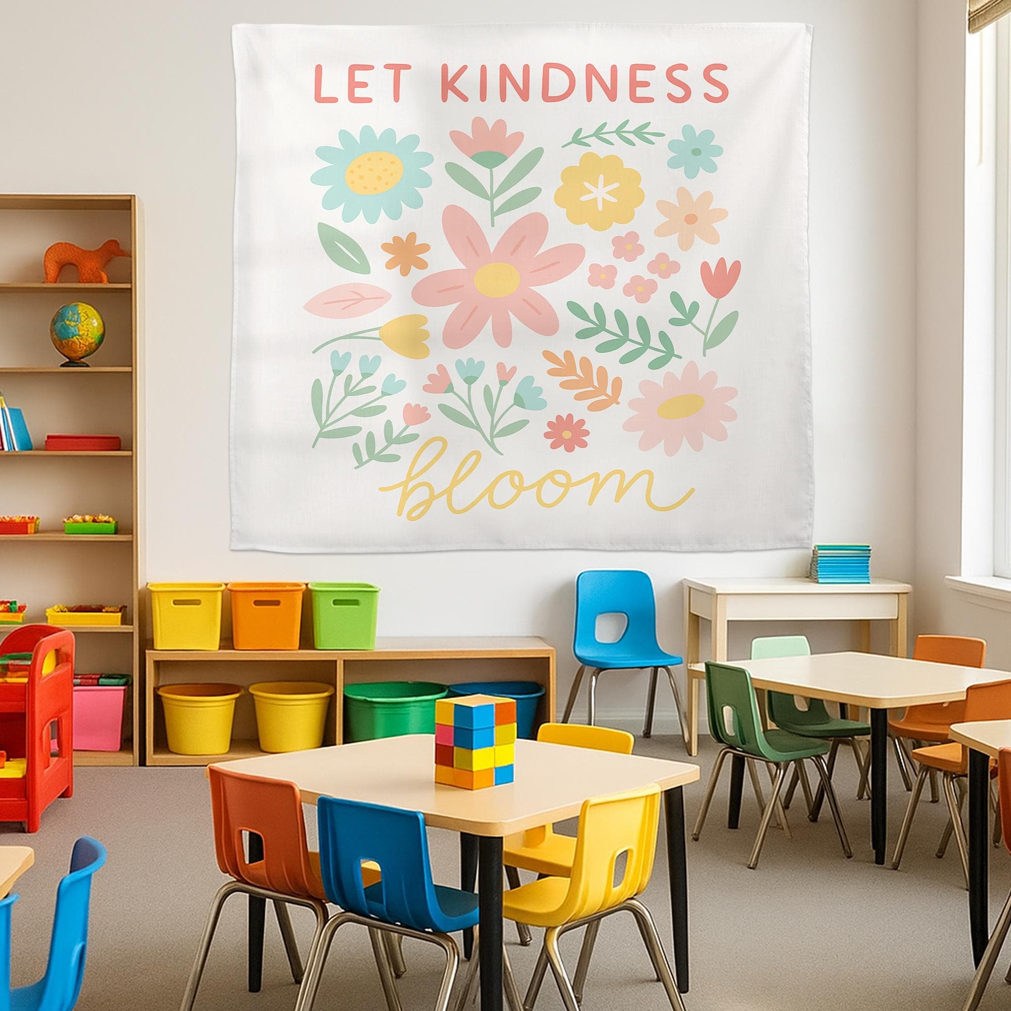 Let Kindness Bloom Classroom Tapestry, Floral Wall Decor for Teachers, Positive Quote Backdrop, Kindergarten or Back To School Wall Art