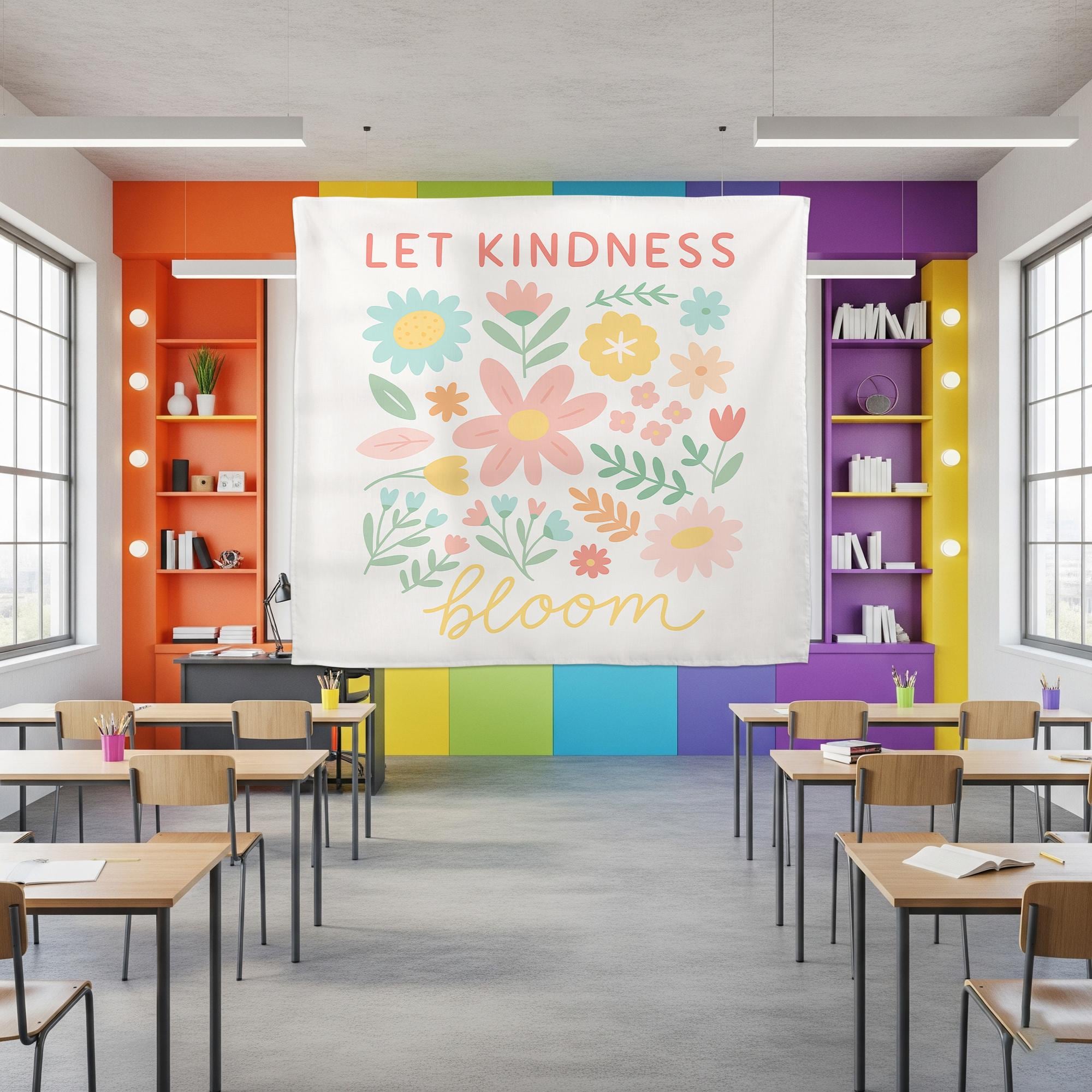 Let Kindness Bloom Classroom Tapestry, Floral Wall Decor for Teachers, Positive Quote Backdrop, Kindergarten or Back To School Wall Art