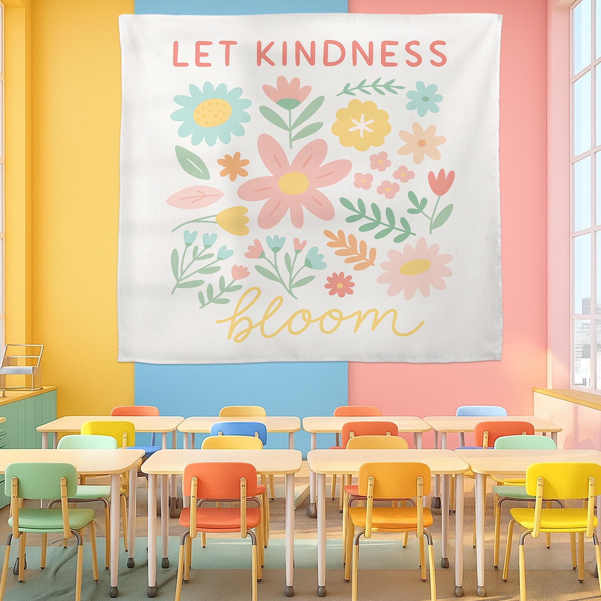 Let Kindness Bloom Classroom Tapestry, Floral Wall Decor for Teachers, Positive Quote Backdrop, Kindergarten or Back To School Wall Art