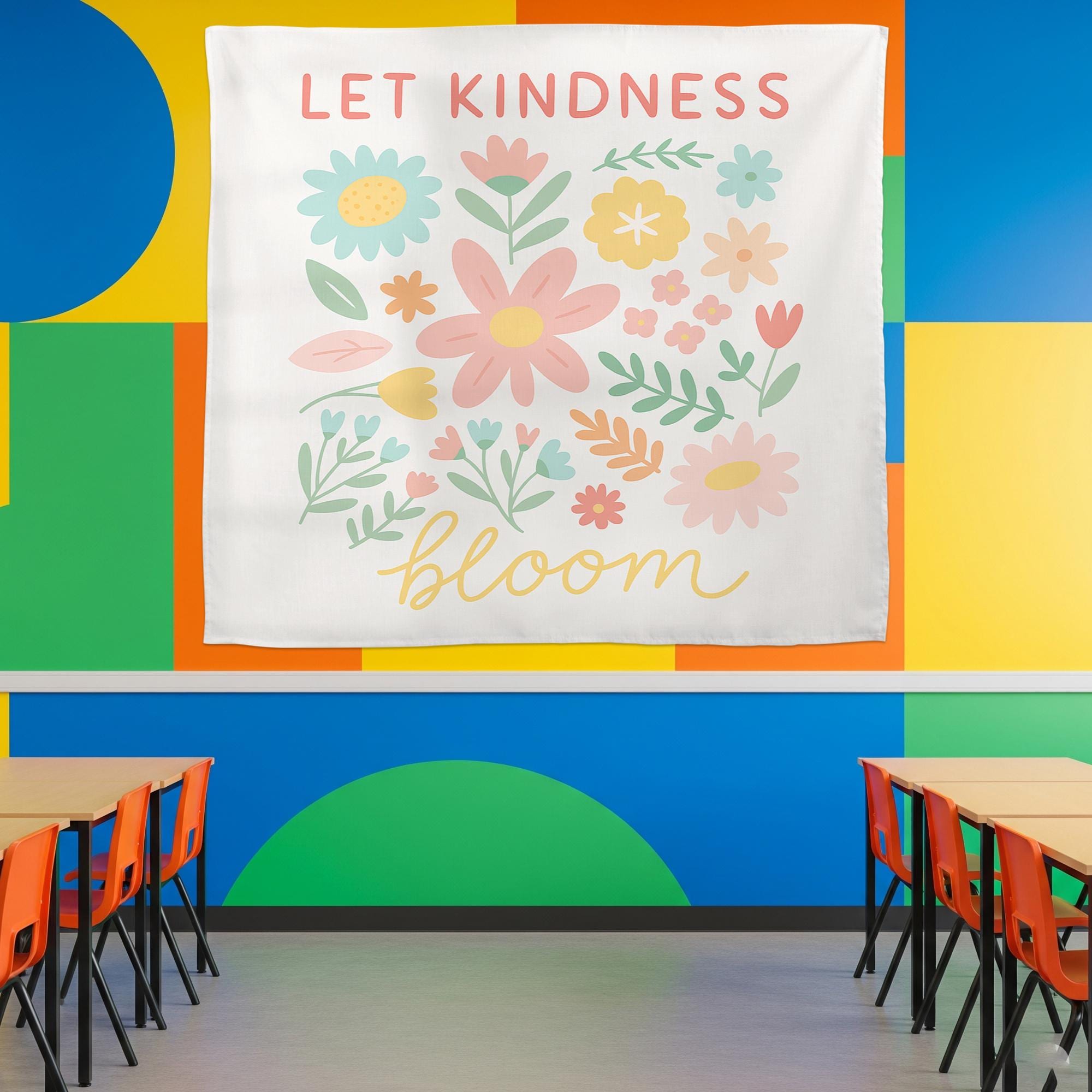 Let Kindness Bloom Classroom Tapestry, Floral Wall Decor for Teachers, Positive Quote Backdrop, Kindergarten or Back To School Wall Art