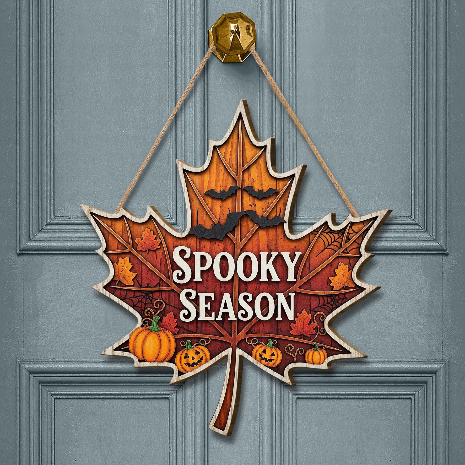 Spooky Season Maple Leaf Door Sign | Fall Halloween Wall Decor with Pumpkins and Bats | Autumn Front Door Hanging Sign