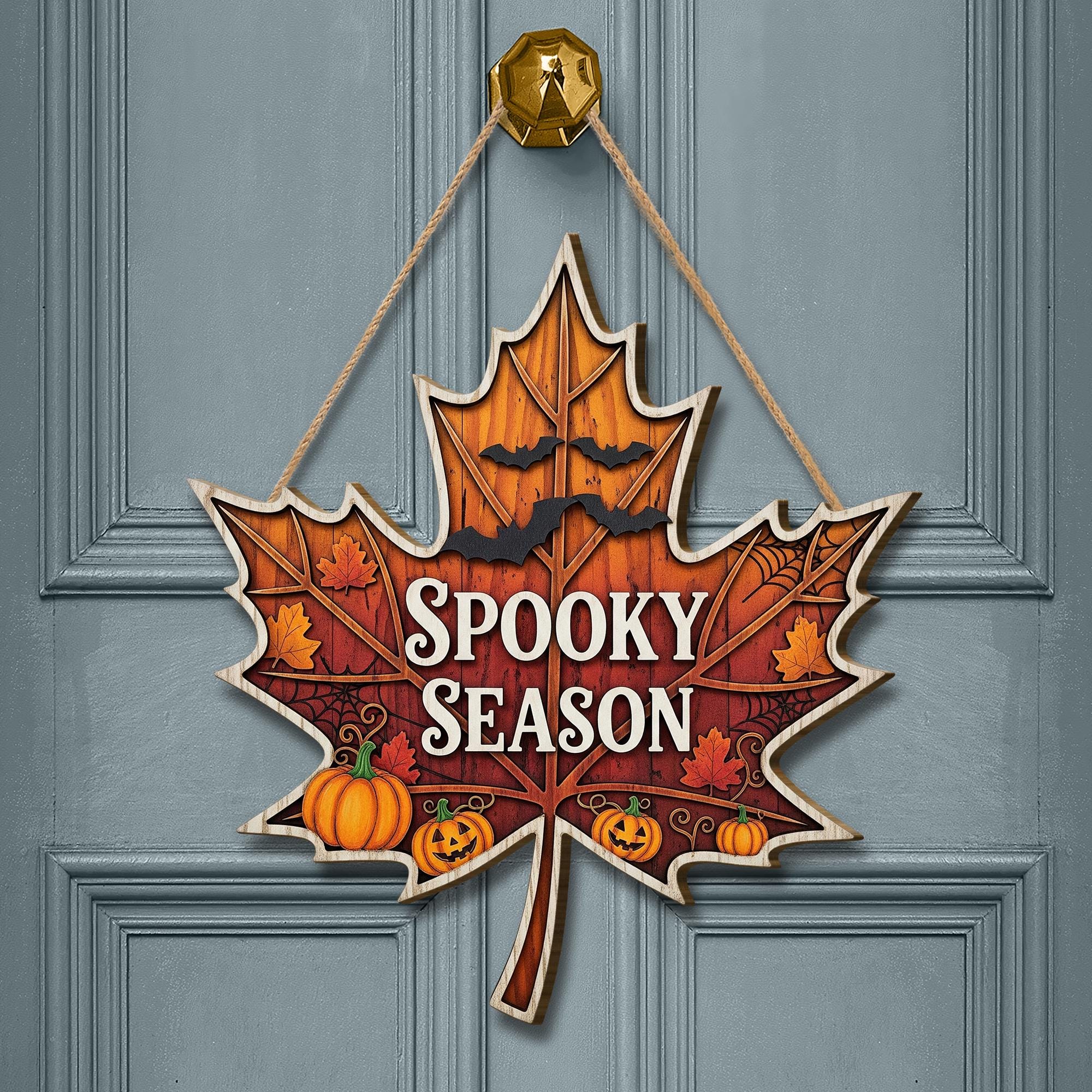Spooky Season Maple Leaf Door Sign | Fall Halloween Wall Decor with Pumpkins and Bats | Autumn Front Door Hanging Sign