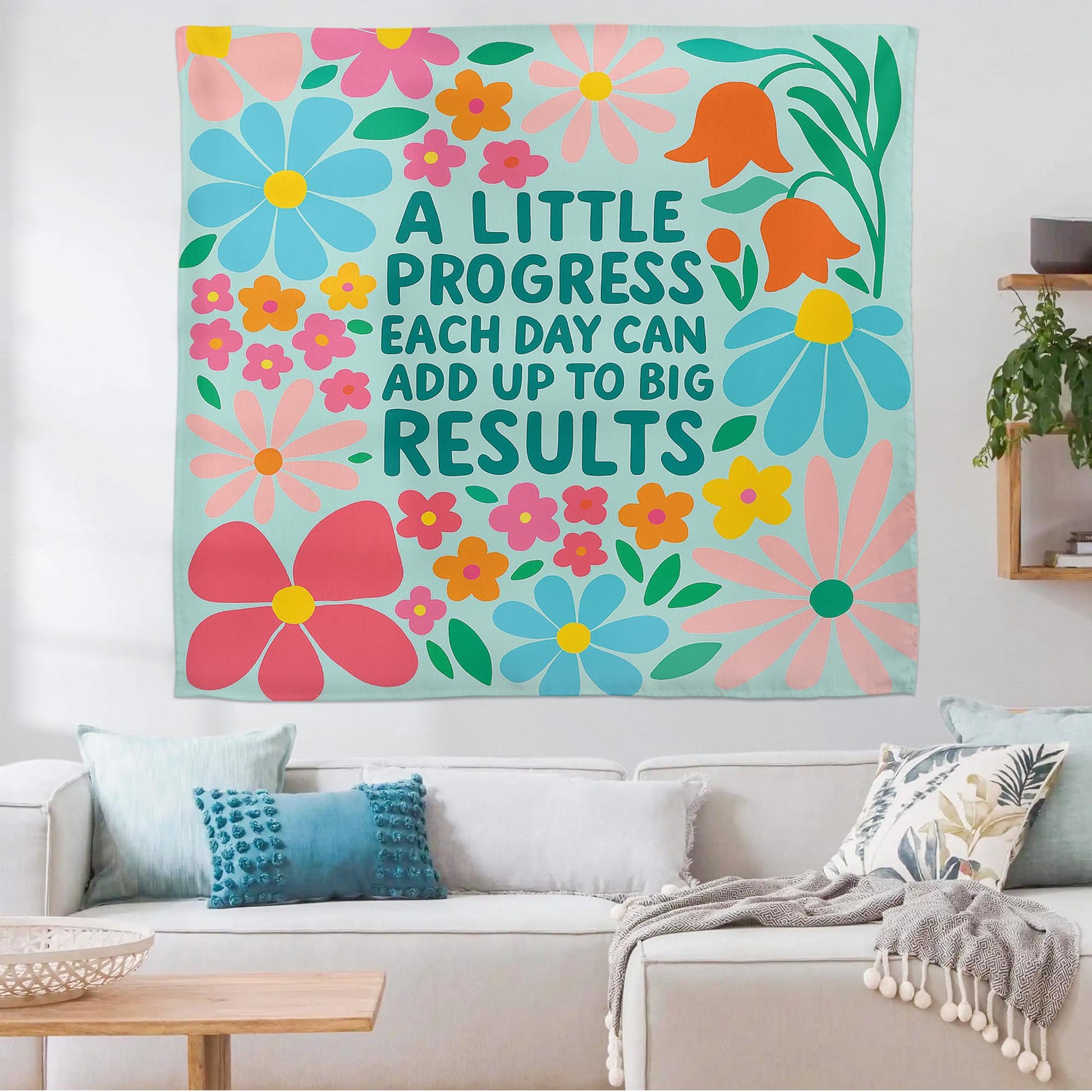 Motivational Classroom Tapestry, A Little Progress Each Quote, Floral Wall Decor for Teachers, Growth Mindset School Poster, Back To School