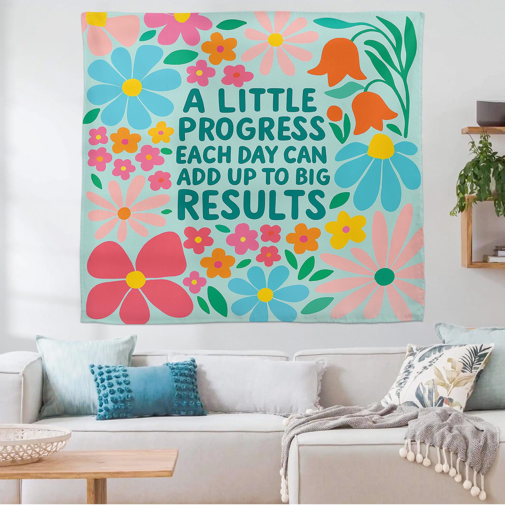 Motivational Classroom Tapestry, A Little Progress Each Quote, Floral Wall Decor for Teachers, Growth Mindset School Poster, Back To School